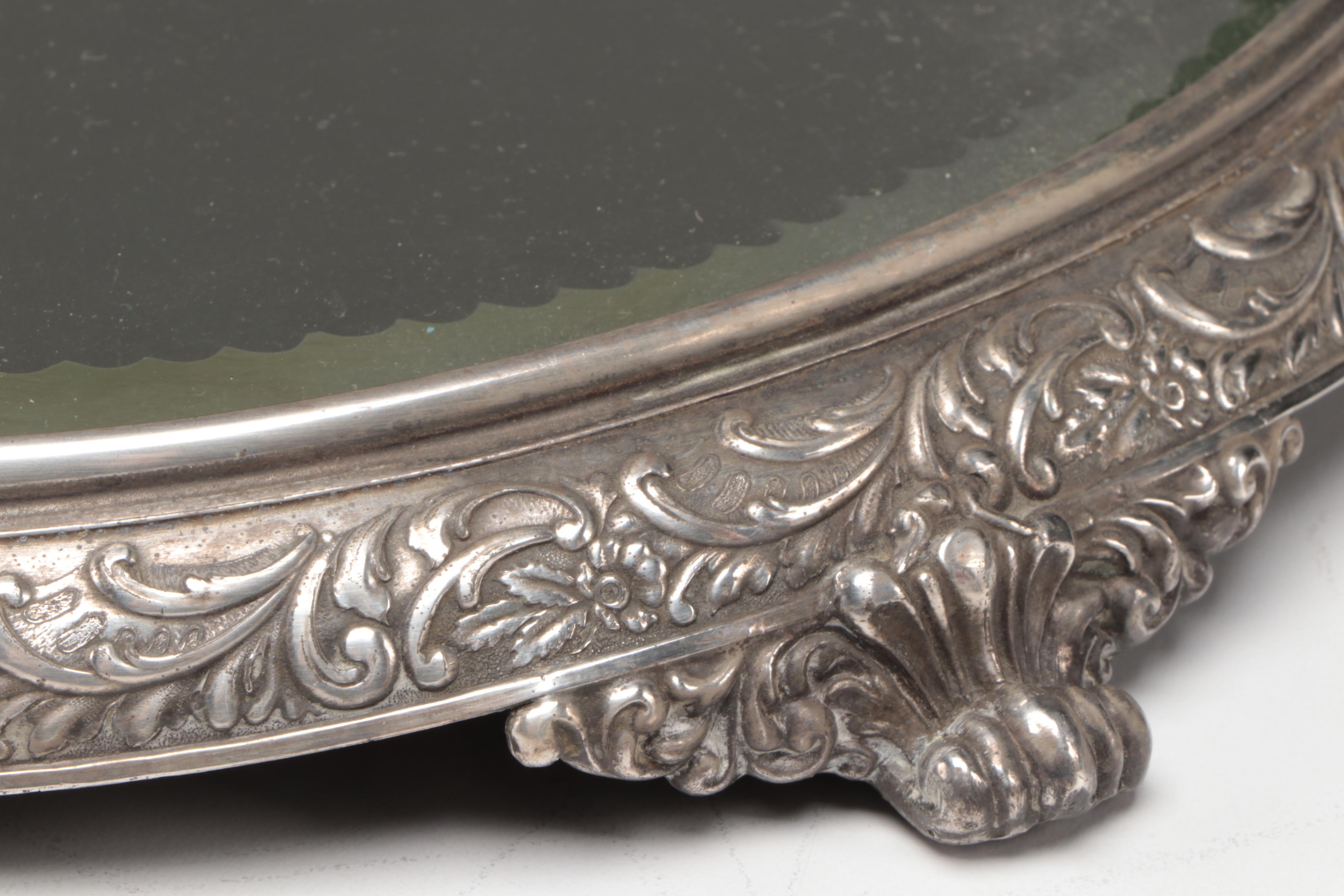 Sterling Silver Vanity Mirror/Tray with Egyptian Blown Glass Perfume Bottles