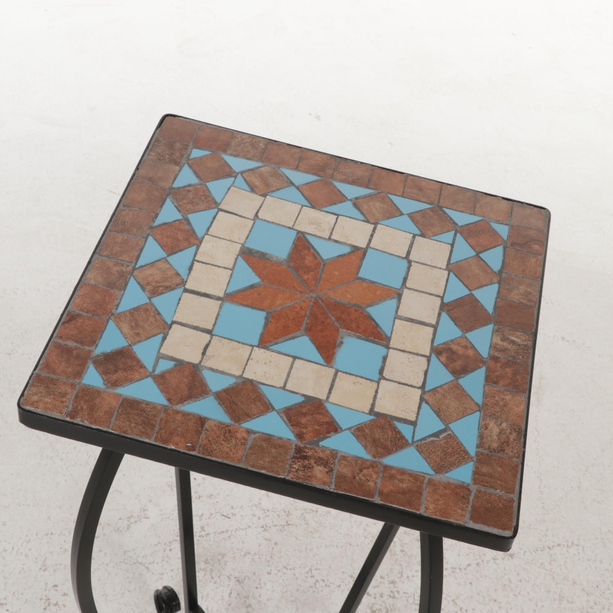 Mosaic Tile Top and Black Scrolled Metal Plant Stand