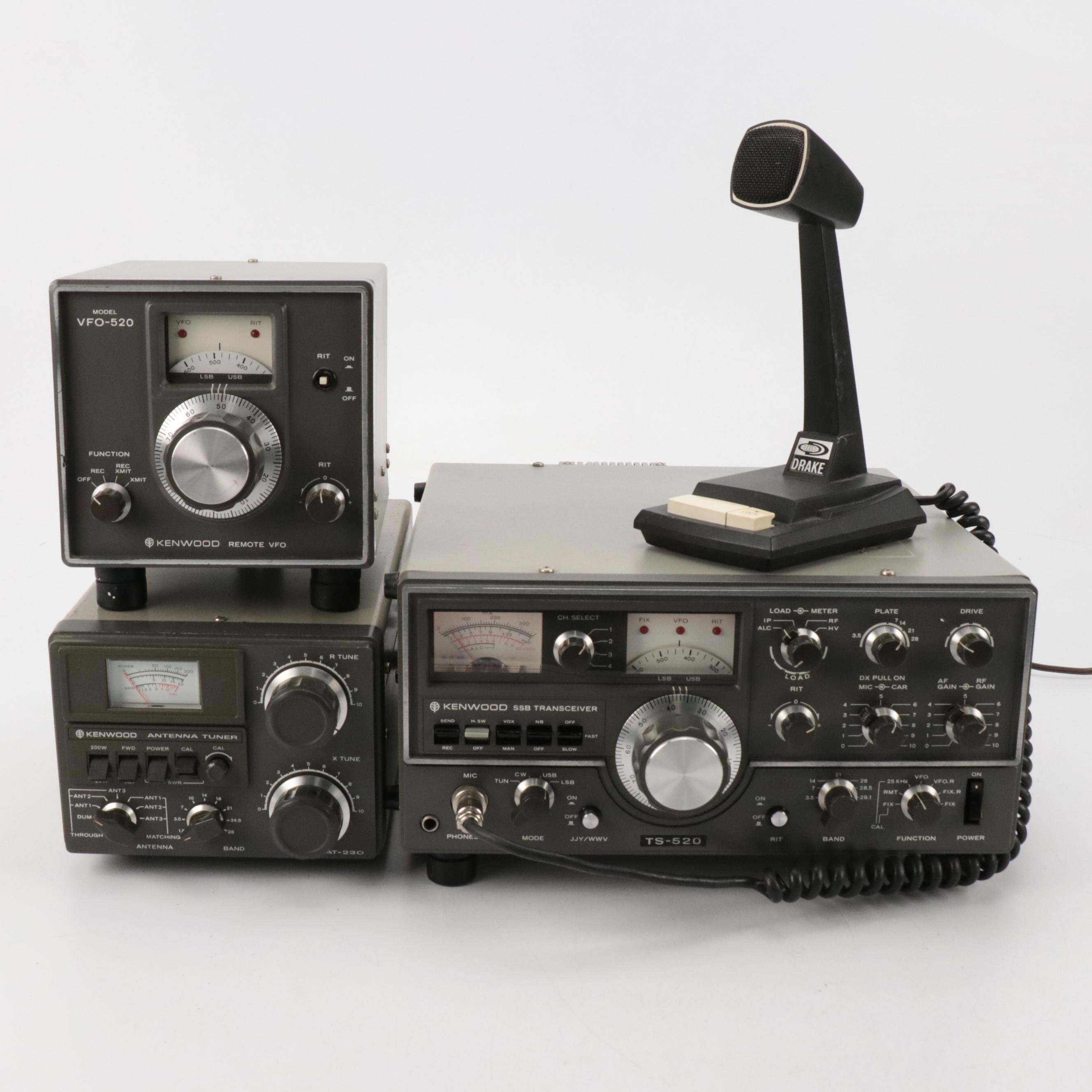 Kenwood Antenna Tuner, Remote VFO, Transceiver and Drake Microphone
