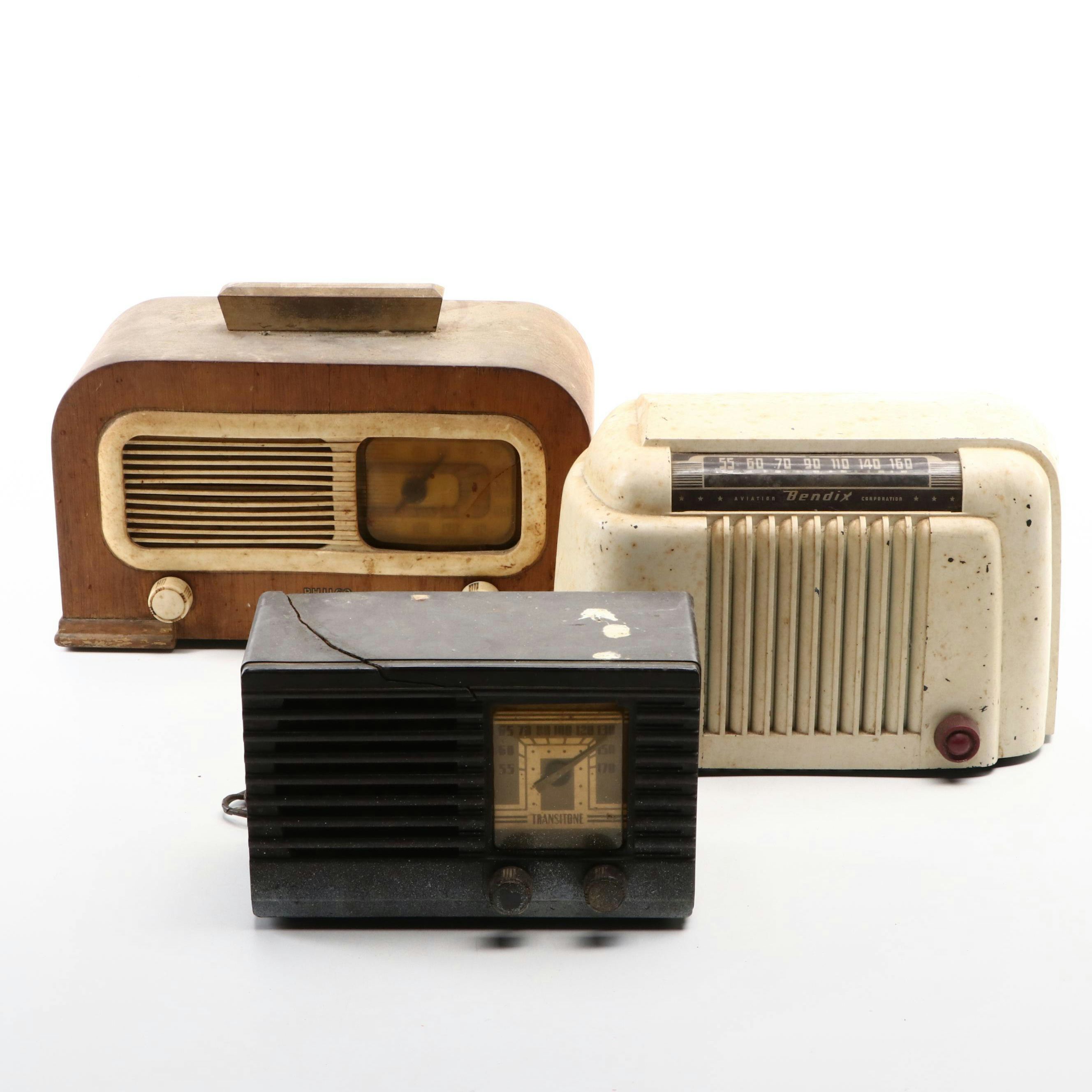 Philco Transitone TH-4, 42-95PT, and Bendix AM Tube Radios, Mid-20th Century