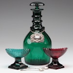 Georgian Green Glass Prussian Style Decanter with Tag and Open Salts with Spoons