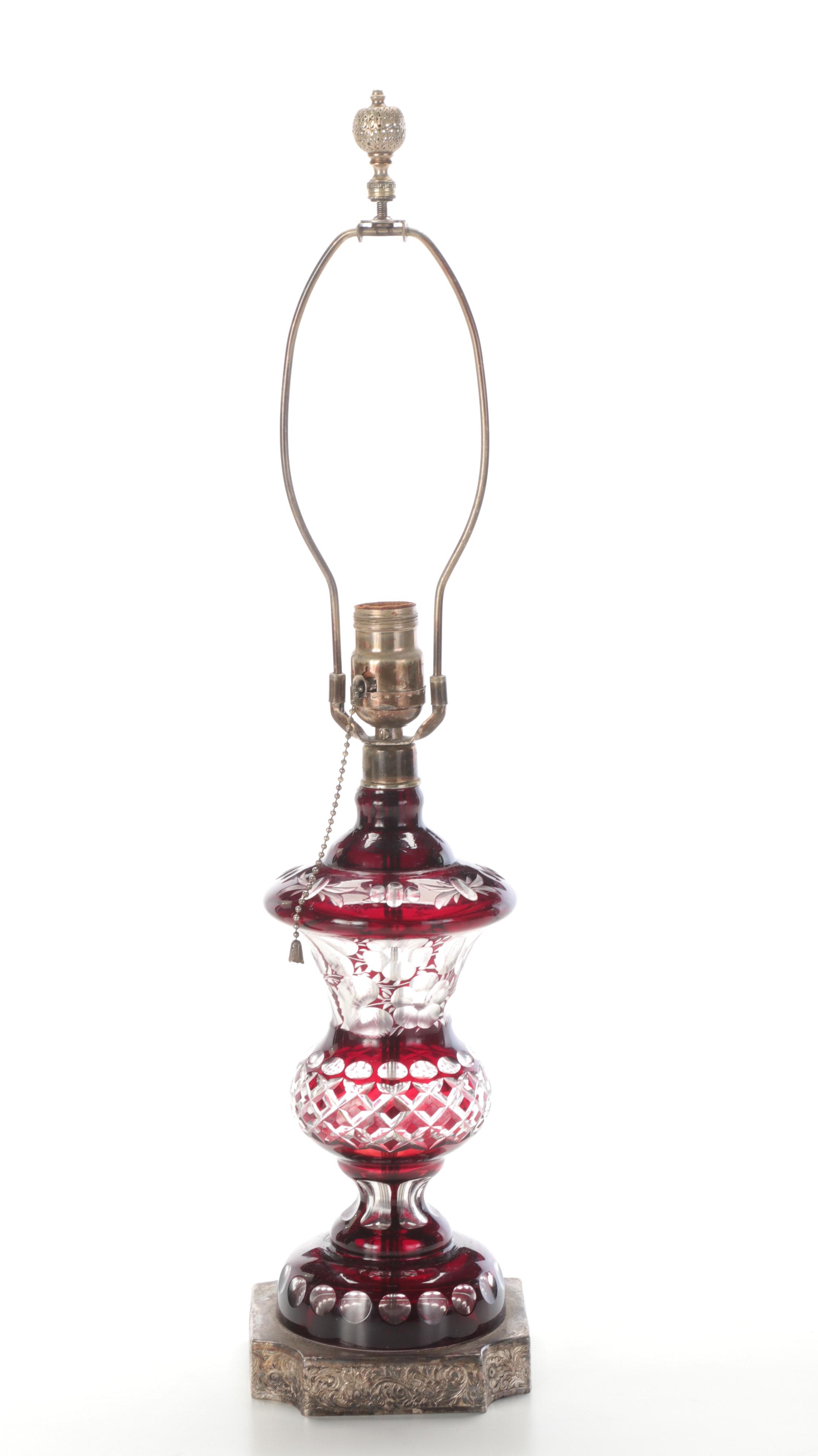 Bohemian Style Cut to Clear Glass Table Lamp with Silver Plate Base