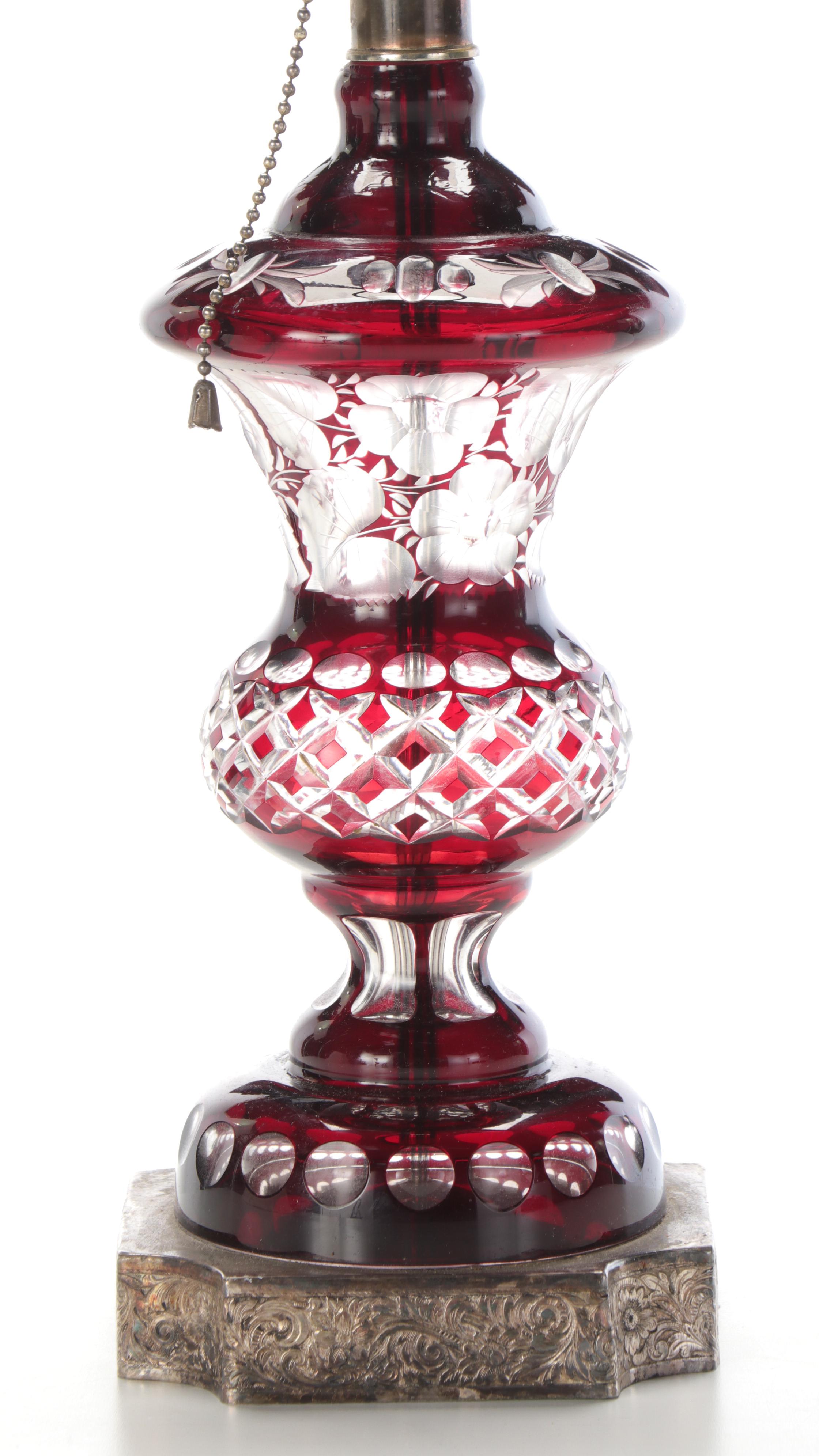 Bohemian Style Cut to Clear Glass Table Lamp with Silver Plate Base