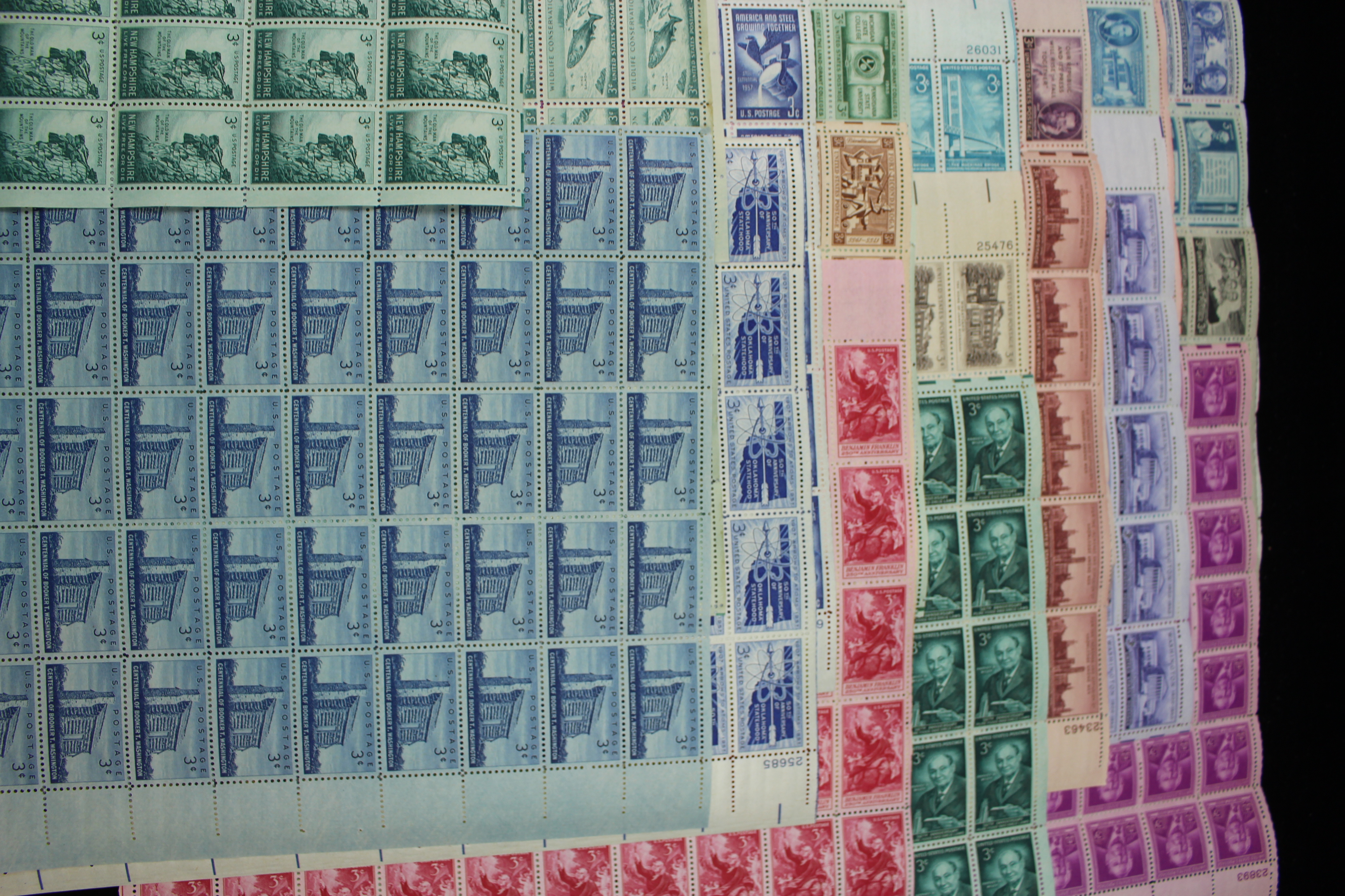 Seventy-Two Different 3-Cent Postage Stamp Sheets, 1940s to 1950s