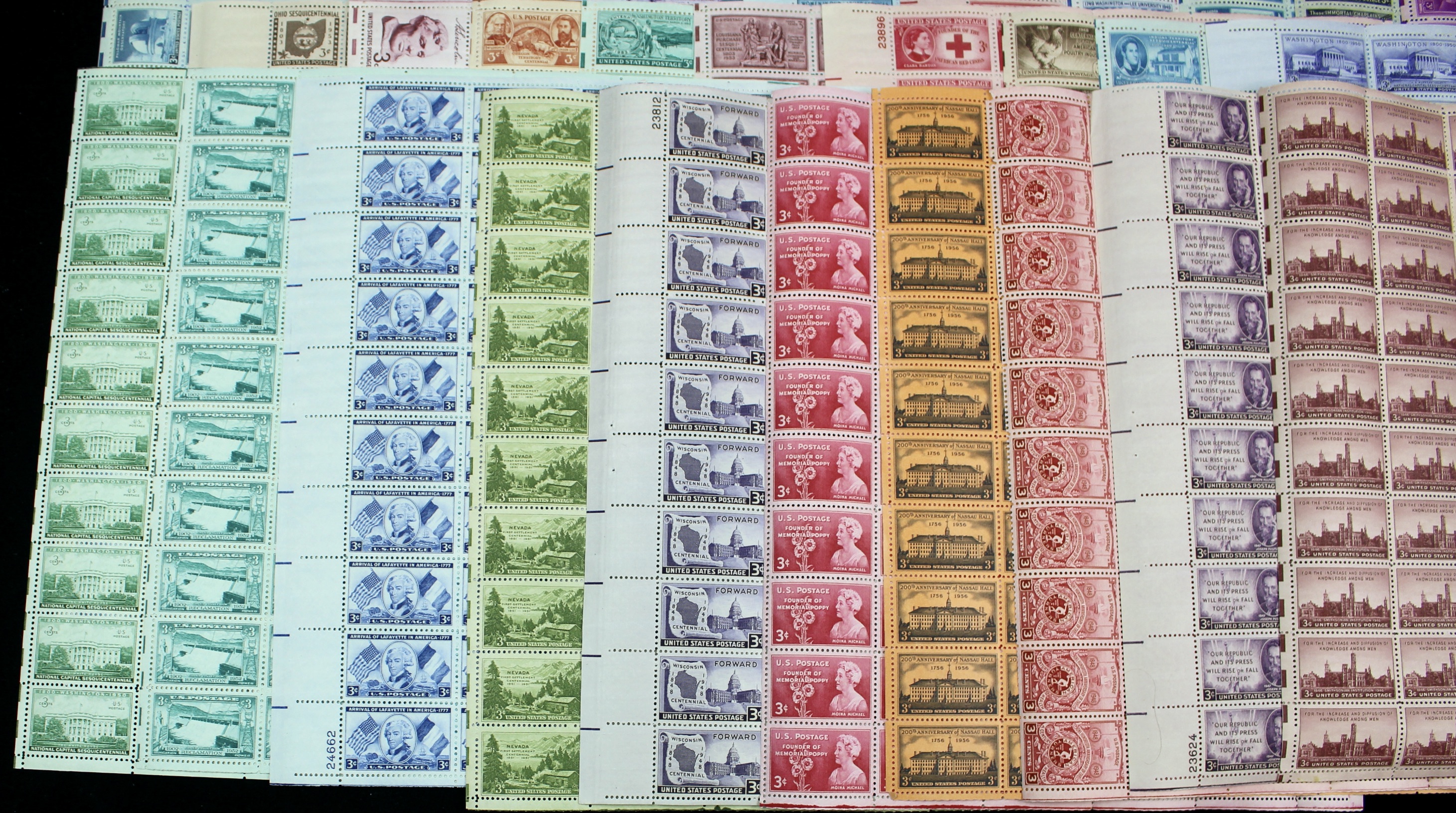Seventy-Two Different 3-Cent Postage Stamp Sheets, 1940s to 1950s