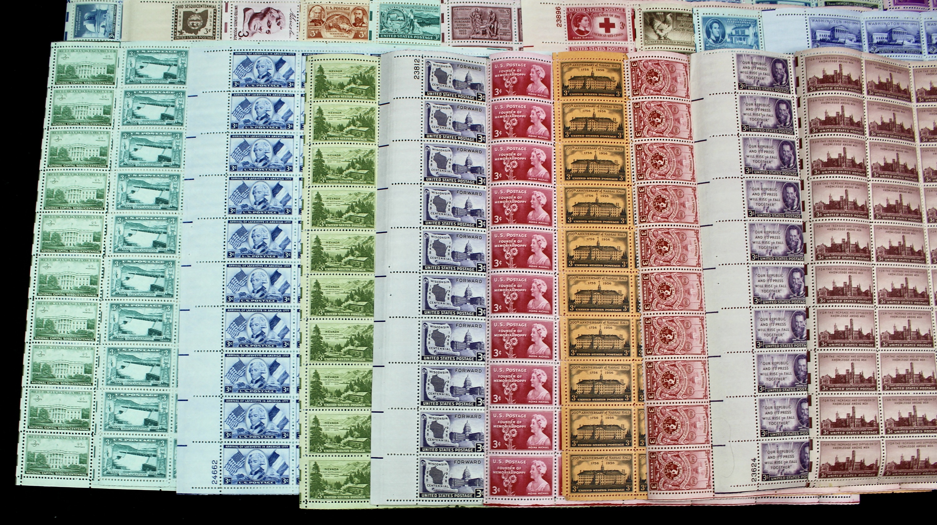 Seventy-Two Different 3-Cent Postage Stamp Sheets, 1940s to 1950s