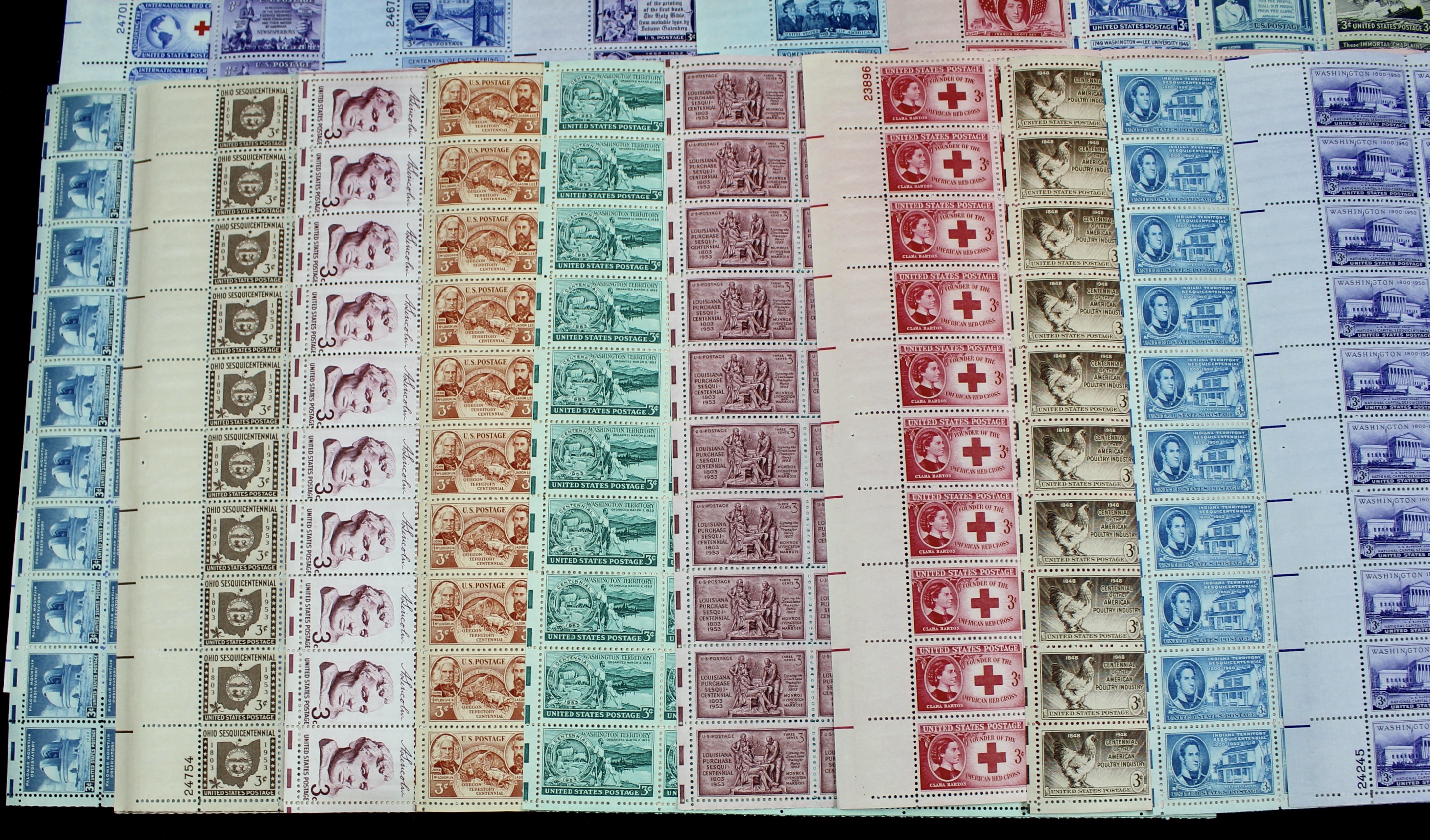 Seventy-Two Different 3-Cent Postage Stamp Sheets, 1940s to 1950s