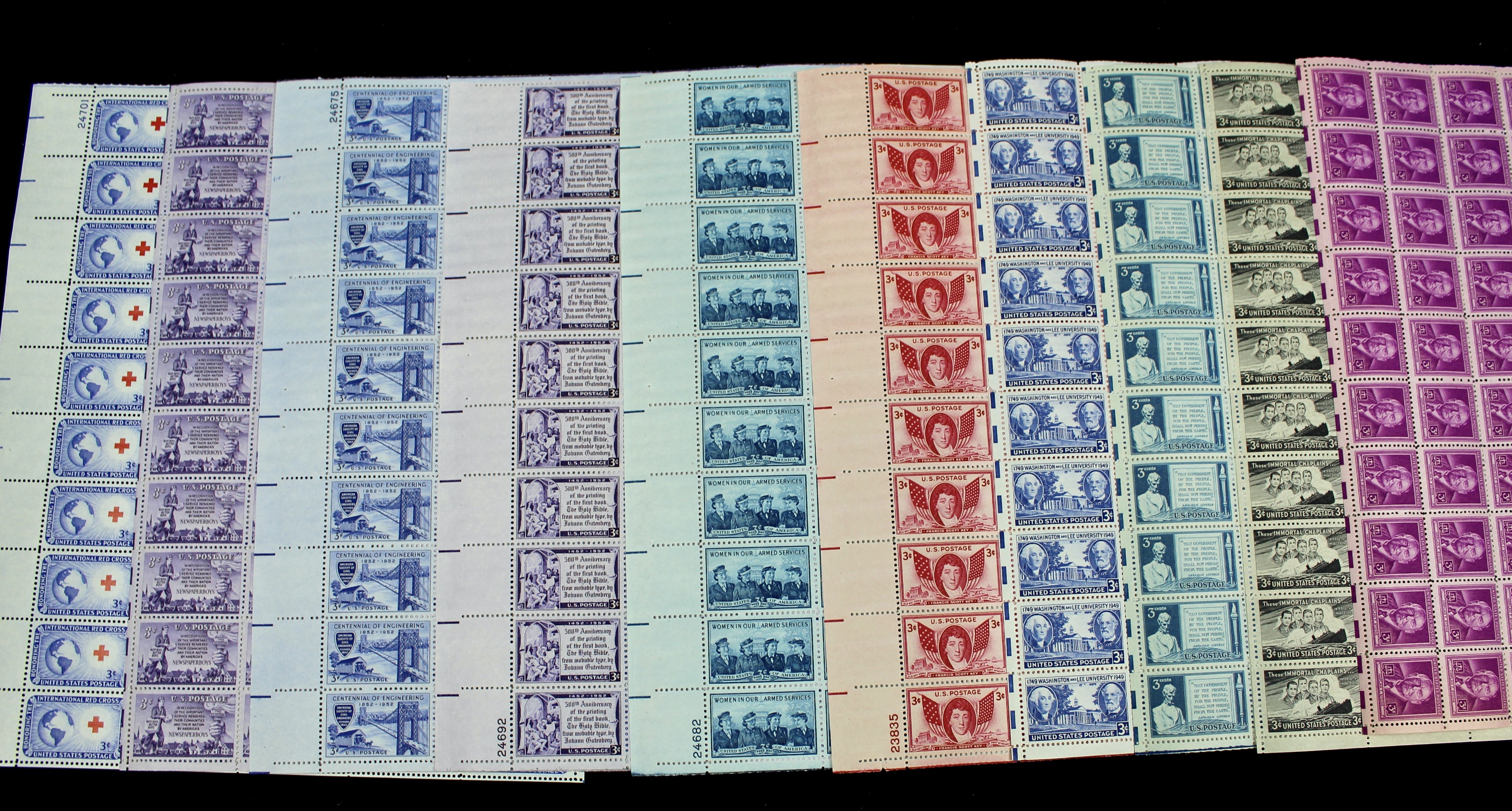Seventy-Two Different 3-Cent Postage Stamp Sheets, 1940s to 1950s