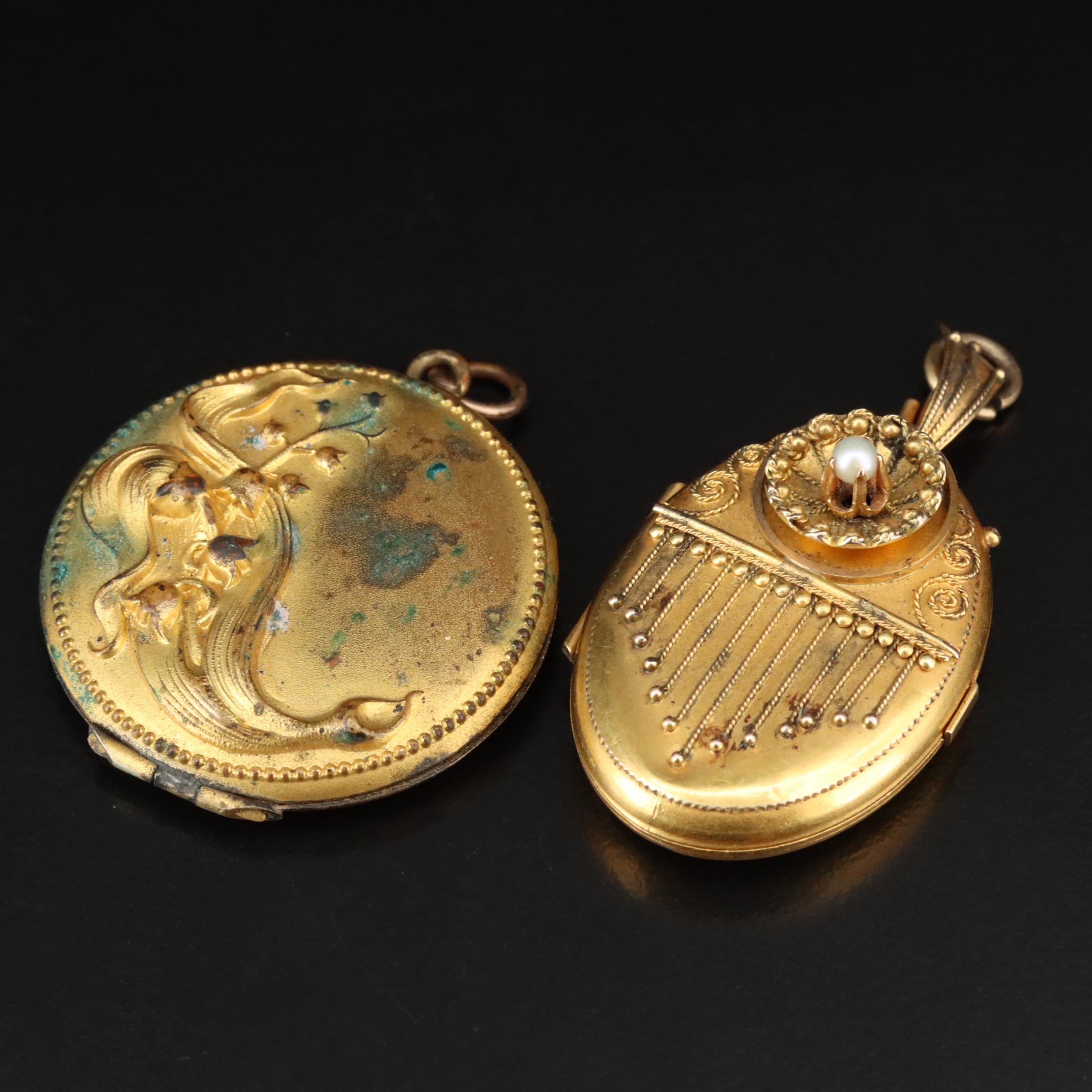 Antique 10K Seed Pearl and Garnet Lockets Featured in Vintage Jewelry