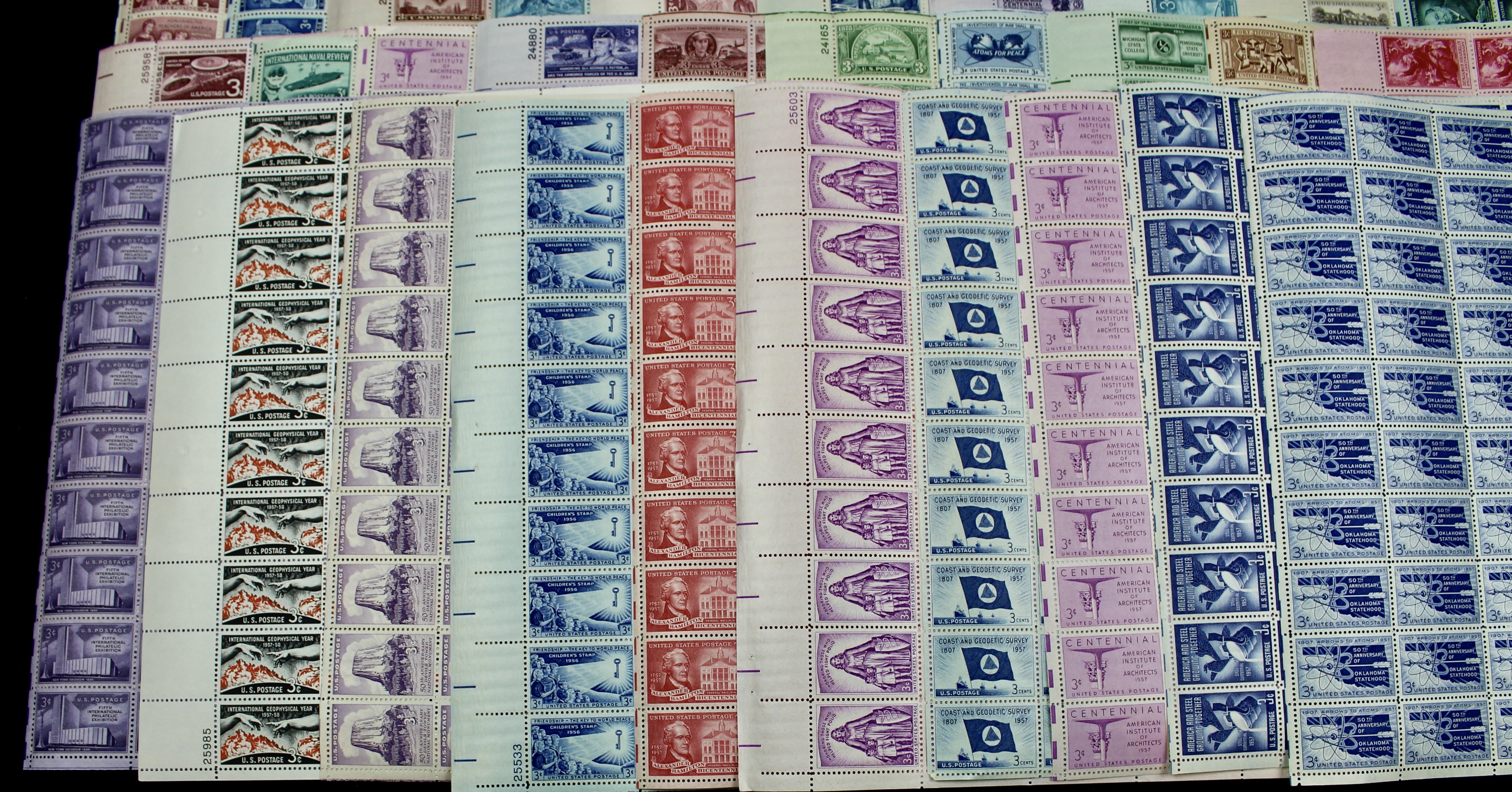 Seventy-Two Different 3-Cent Postage Stamp Sheets, 1940s to 1950s