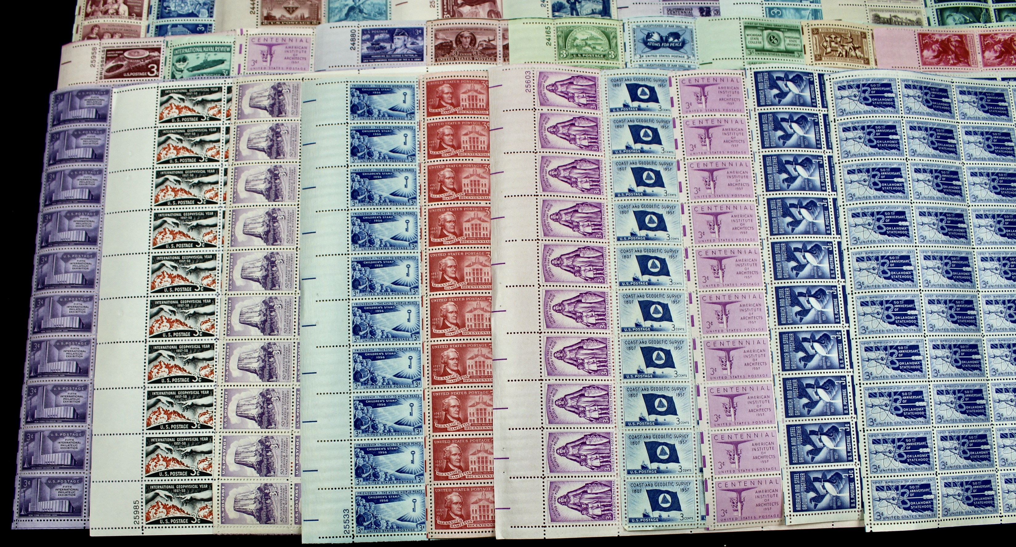 Seventy-Two Different 3-Cent Postage Stamp Sheets, 1940s to 1950s