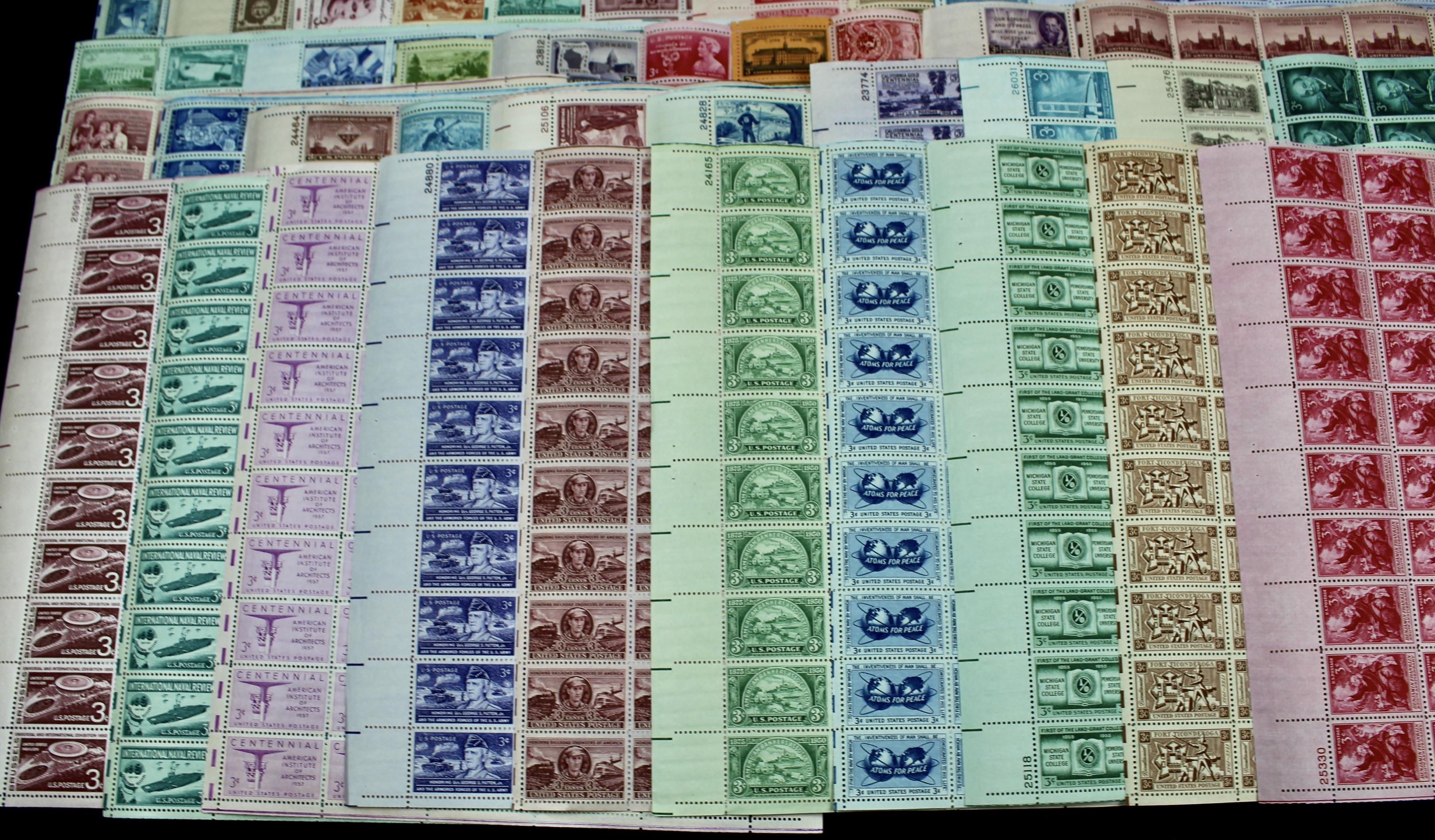 Seventy-Two Different 3-Cent Postage Stamp Sheets, 1940s to 1950s