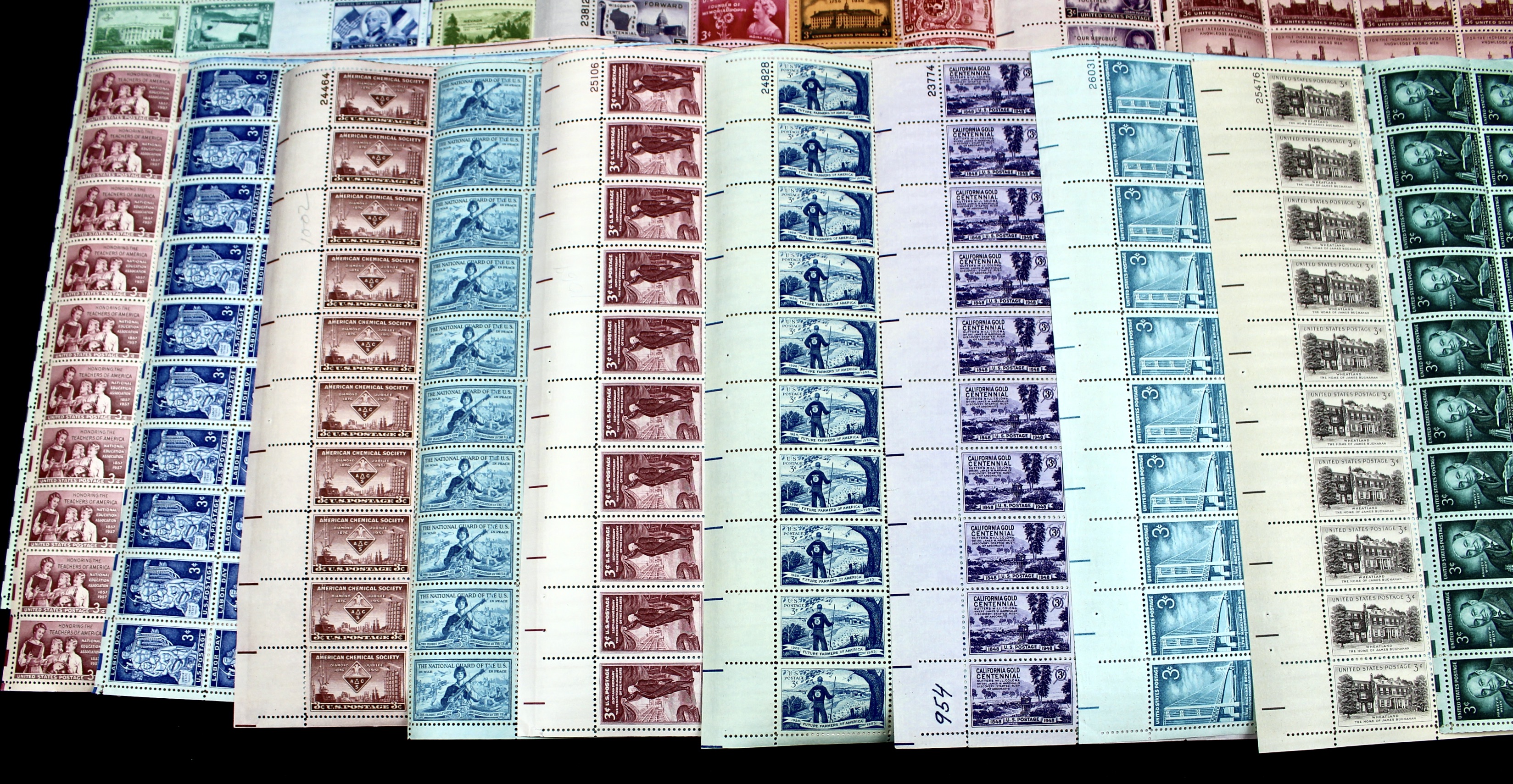 Seventy-Two Different 3-Cent Postage Stamp Sheets, 1940s to 1950s