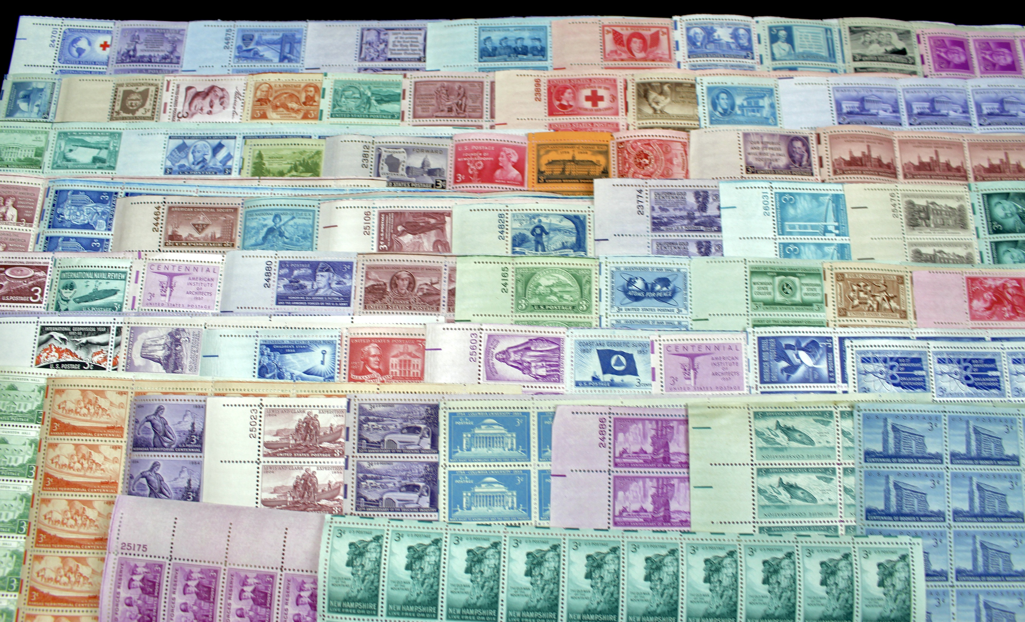 Seventy-Two Different 3-Cent Postage Stamp Sheets, 1940s to 1950s
