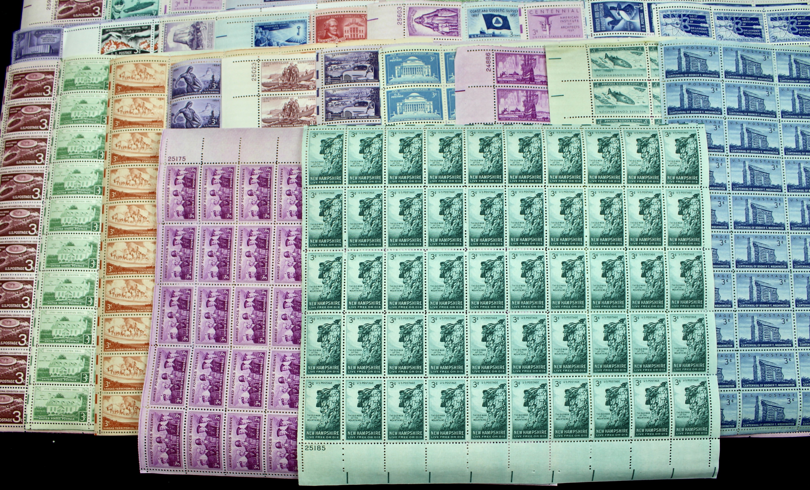 Seventy-Two Different 3-Cent Postage Stamp Sheets, 1940s to 1950s