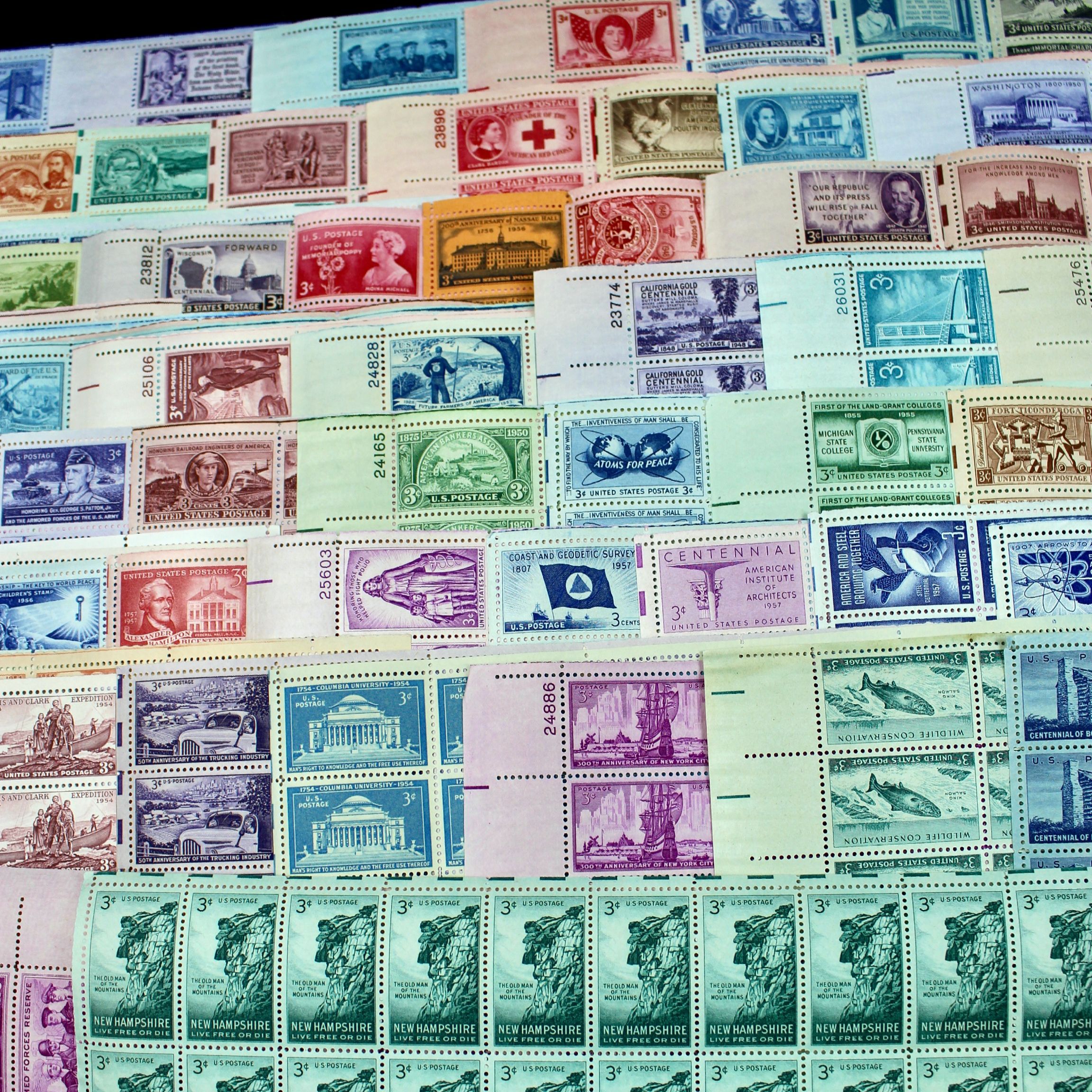 Seventy-Two Different 3-Cent Postage Stamp Sheets, 1940s to 1950s