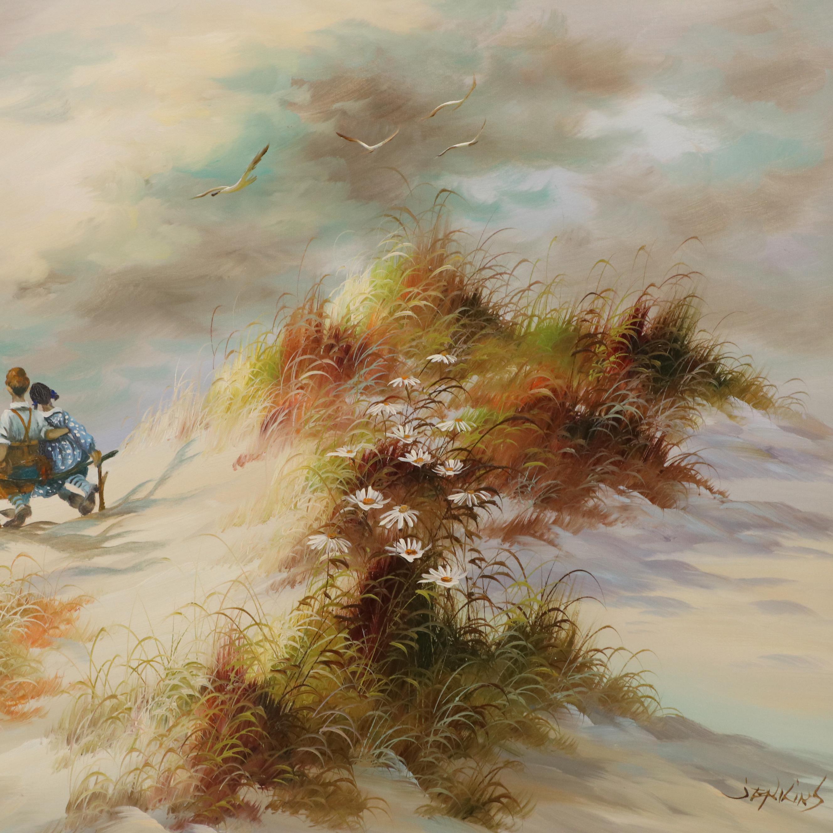 Jenkins Oil Painting of a Coastal Landscape with Figures