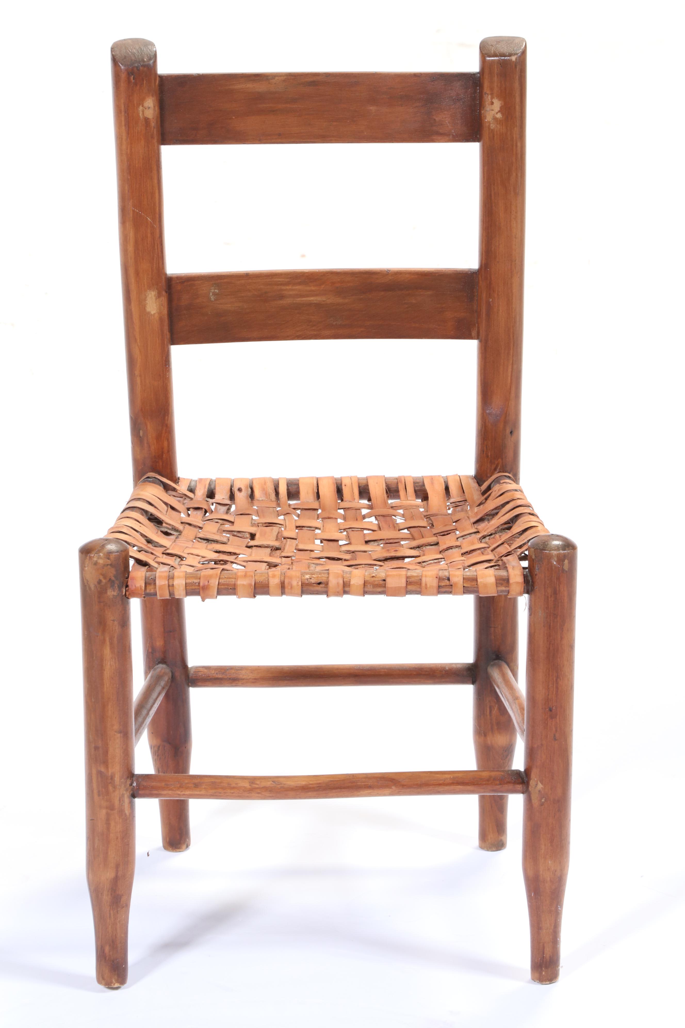 Primitive Ladder Back Chair and Stool with Woven Seats, 20th Century