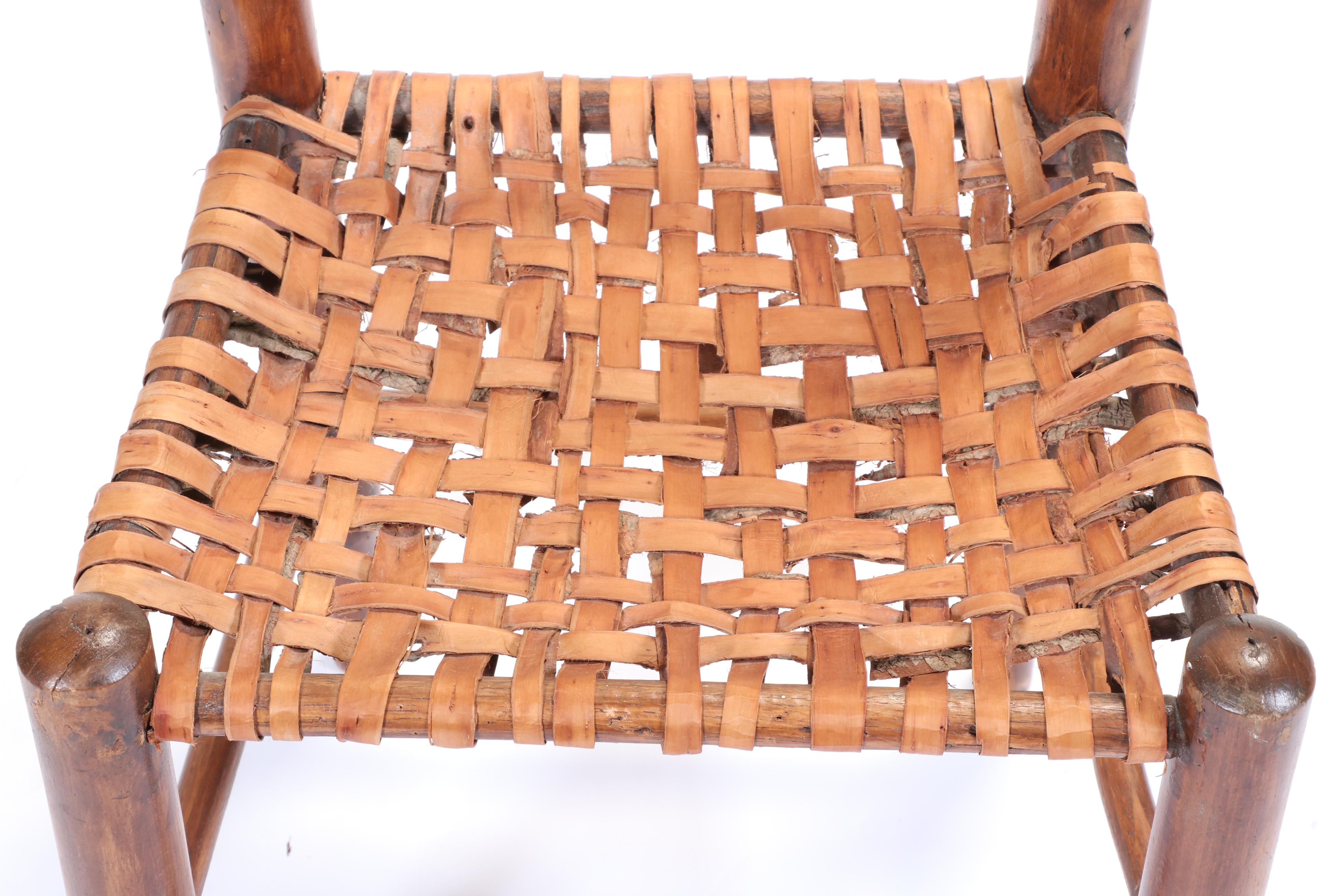 Primitive Ladder Back Chair and Stool with Woven Seats, 20th Century