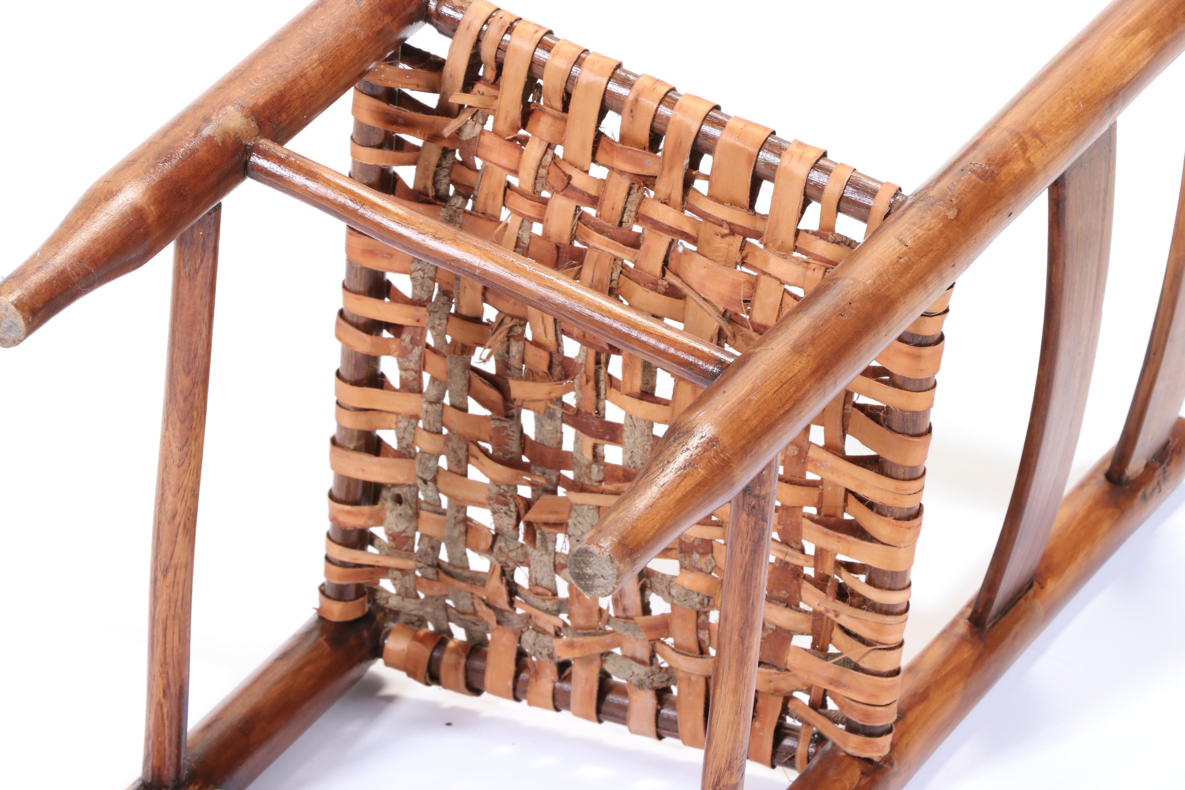 Primitive Ladder Back Chair and Stool with Woven Seats, 20th Century