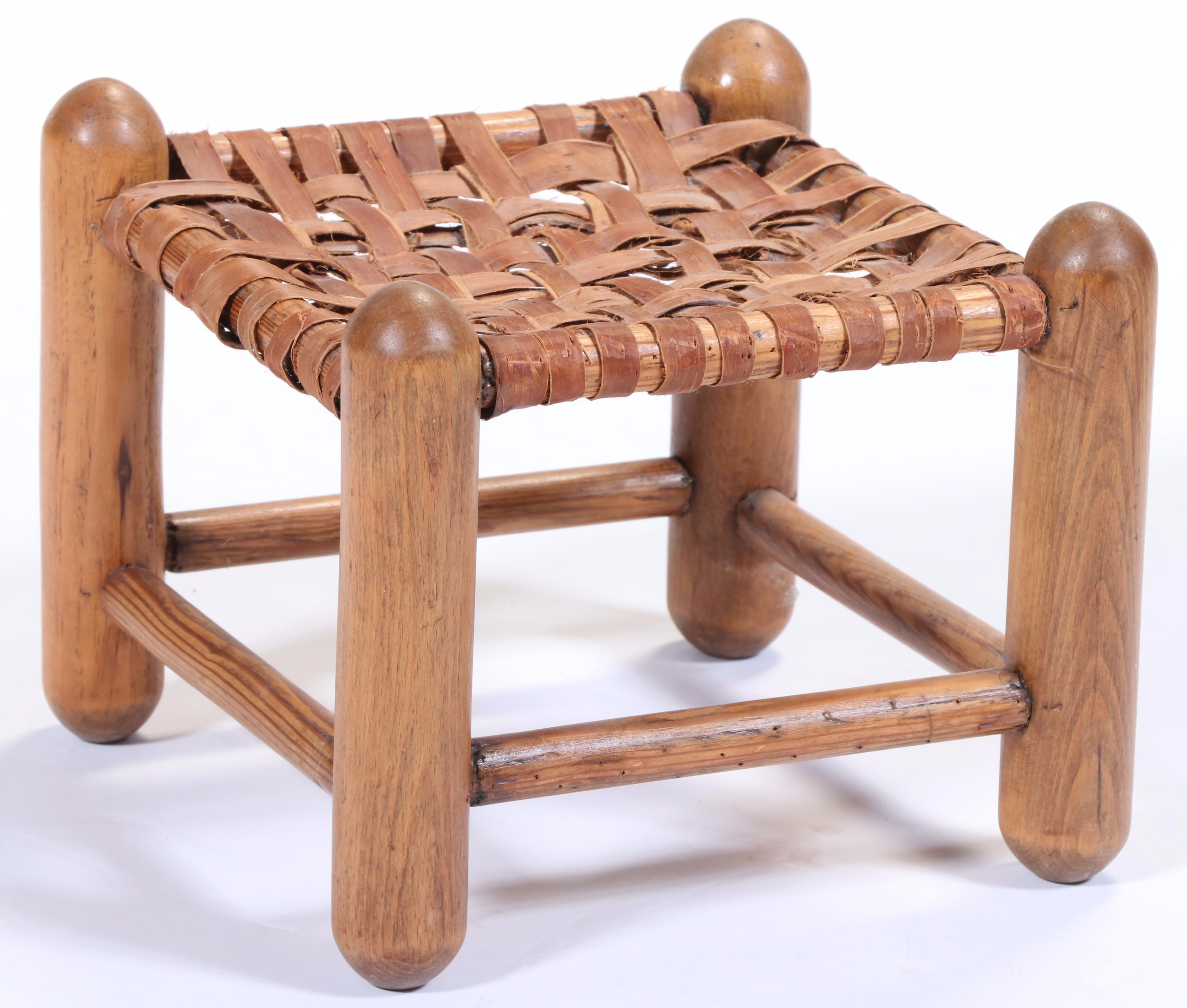 Primitive Ladder Back Chair and Stool with Woven Seats, 20th Century