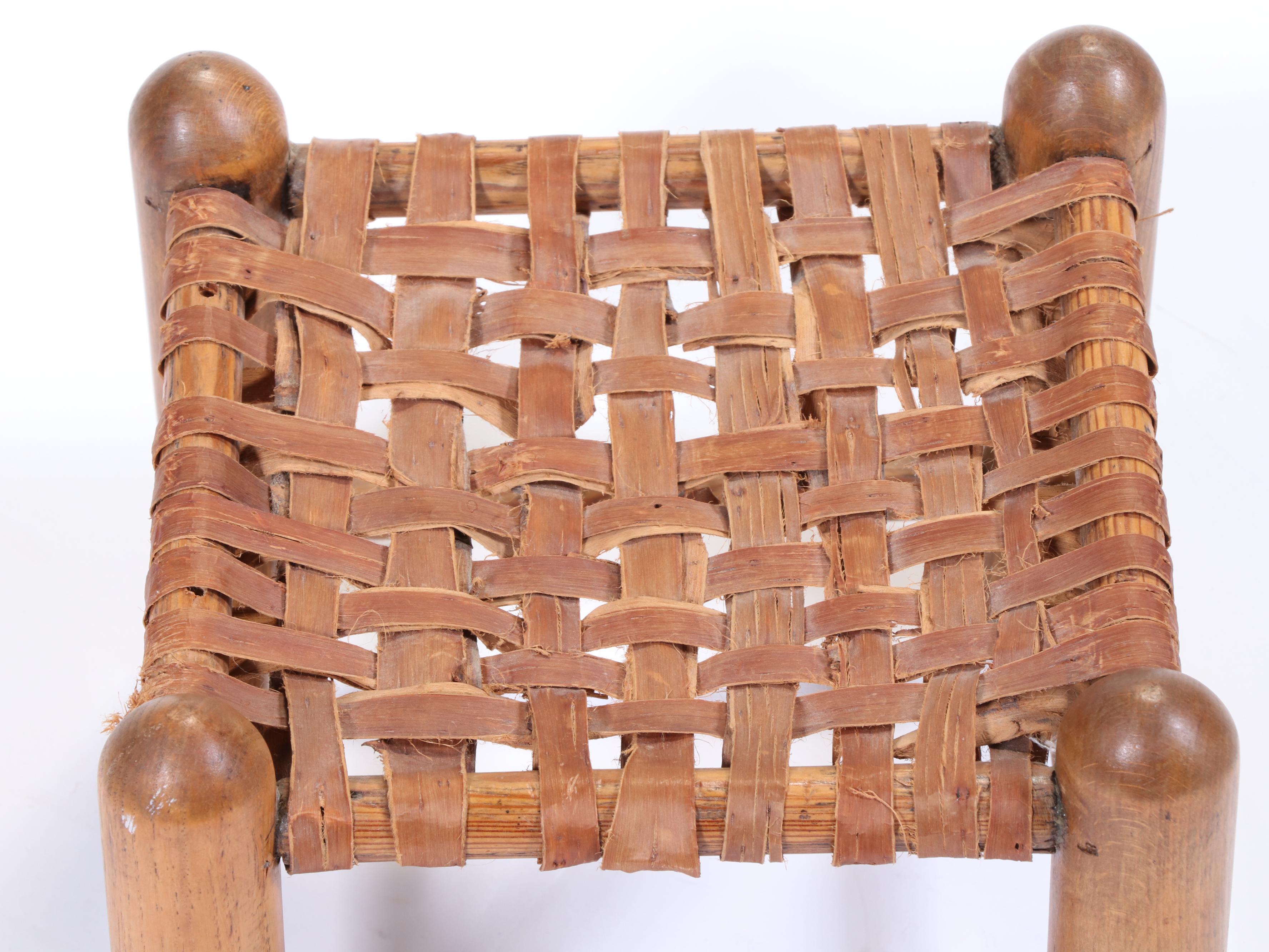 Primitive Ladder Back Chair and Stool with Woven Seats, 20th Century
