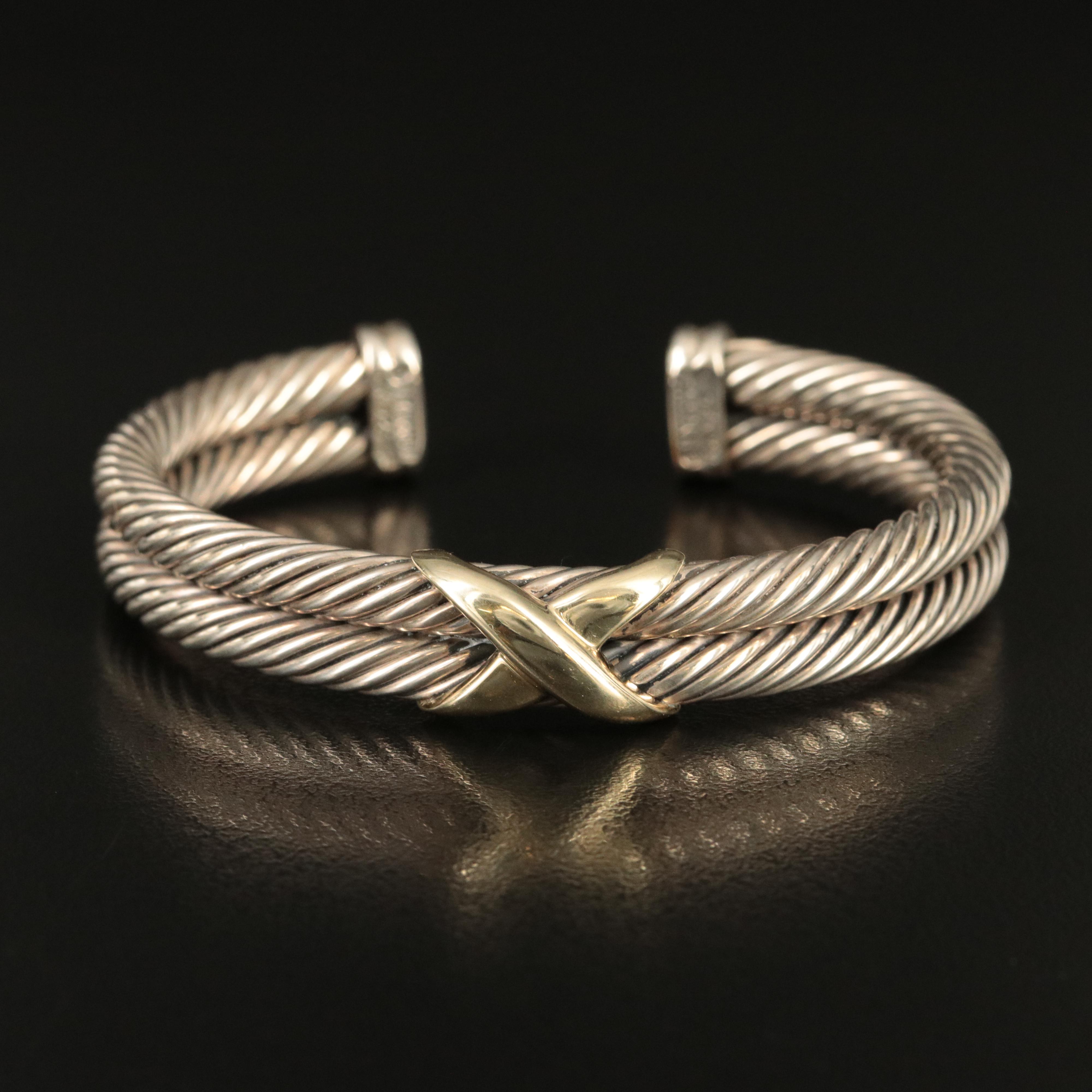 David Yurman Sterling Double Cable and 14K "X" Cuff Bracelet