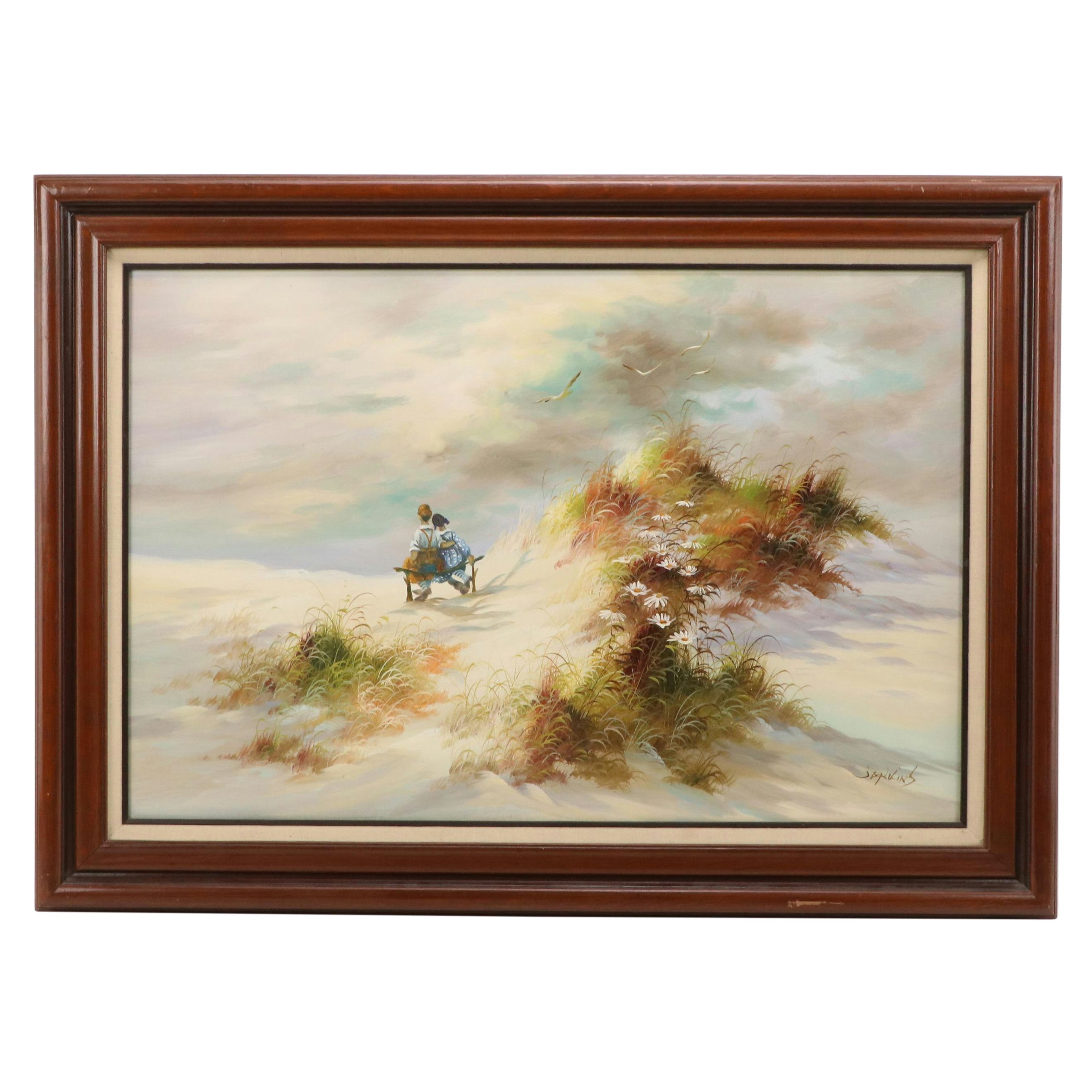 Jenkins Oil Painting of a Coastal Landscape with Figures
