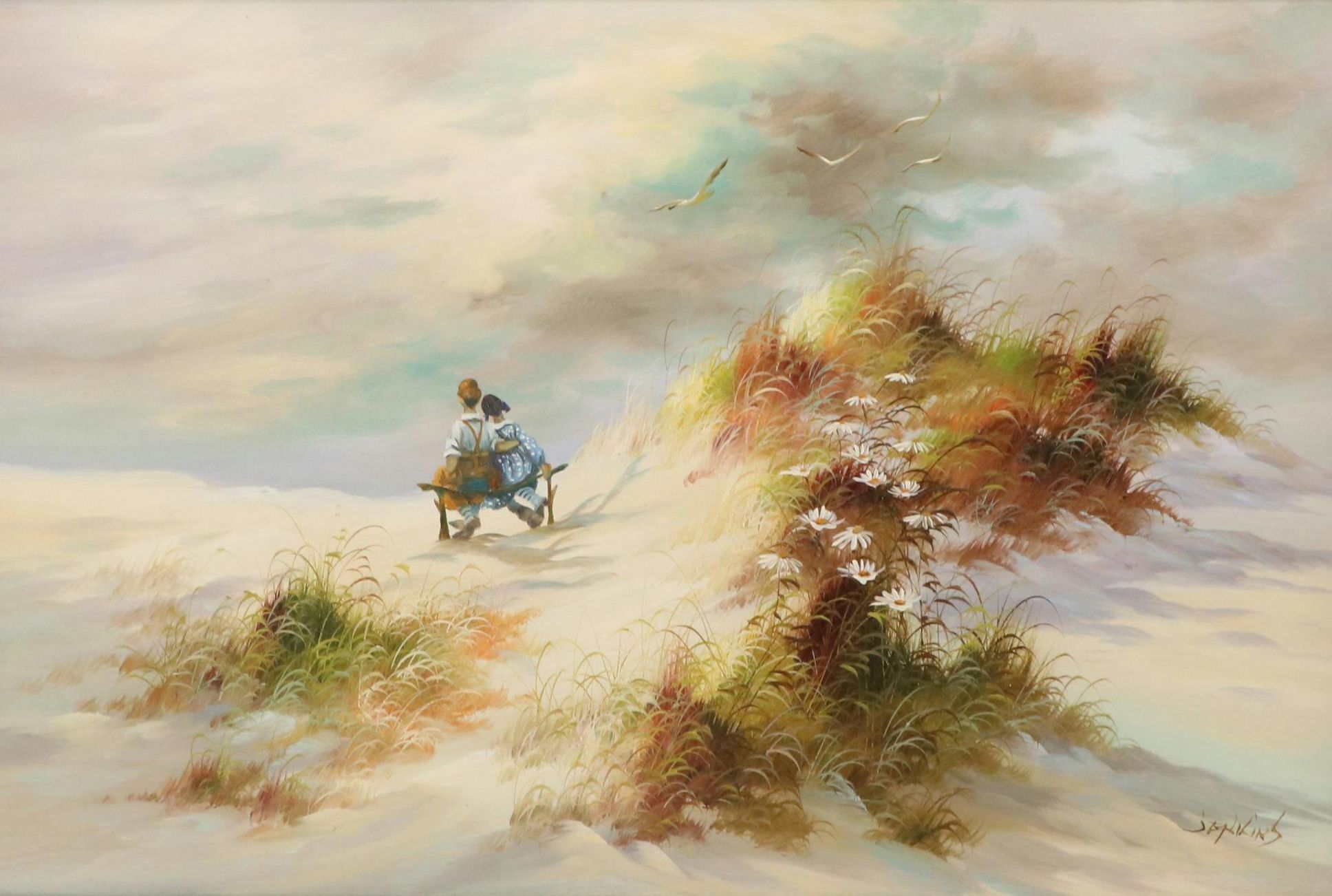 Jenkins Oil Painting of a Coastal Landscape with Figures