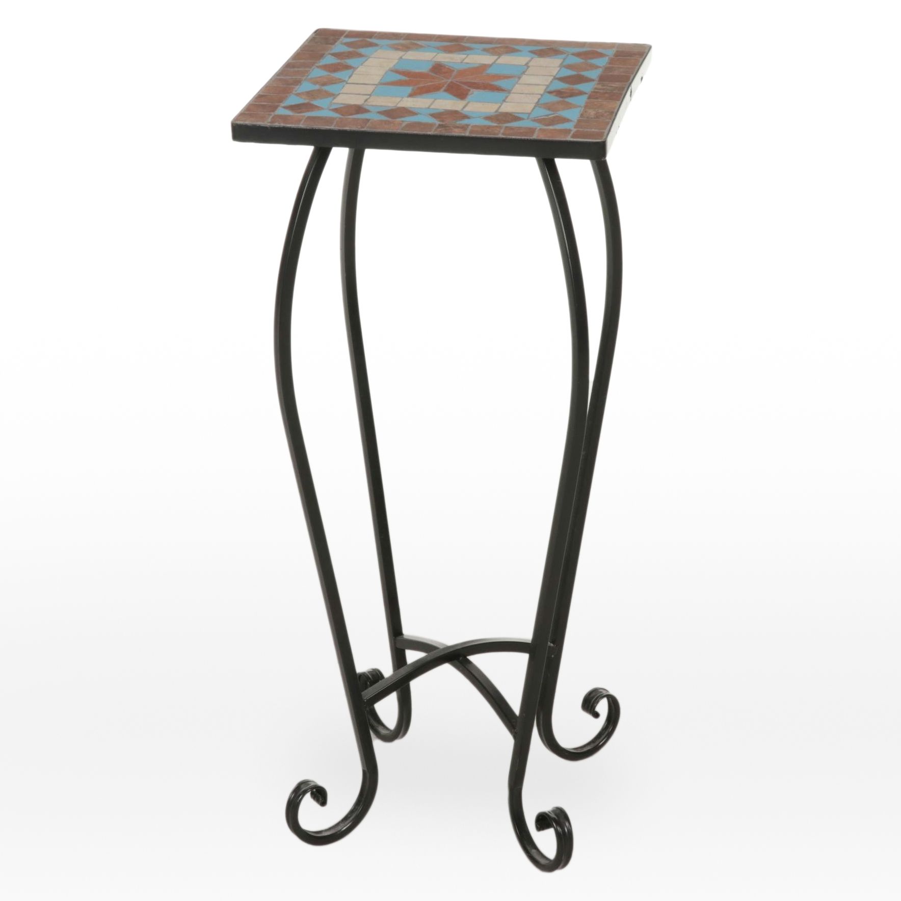 Mosaic Tile Top and Black Scrolled Metal Plant Stand