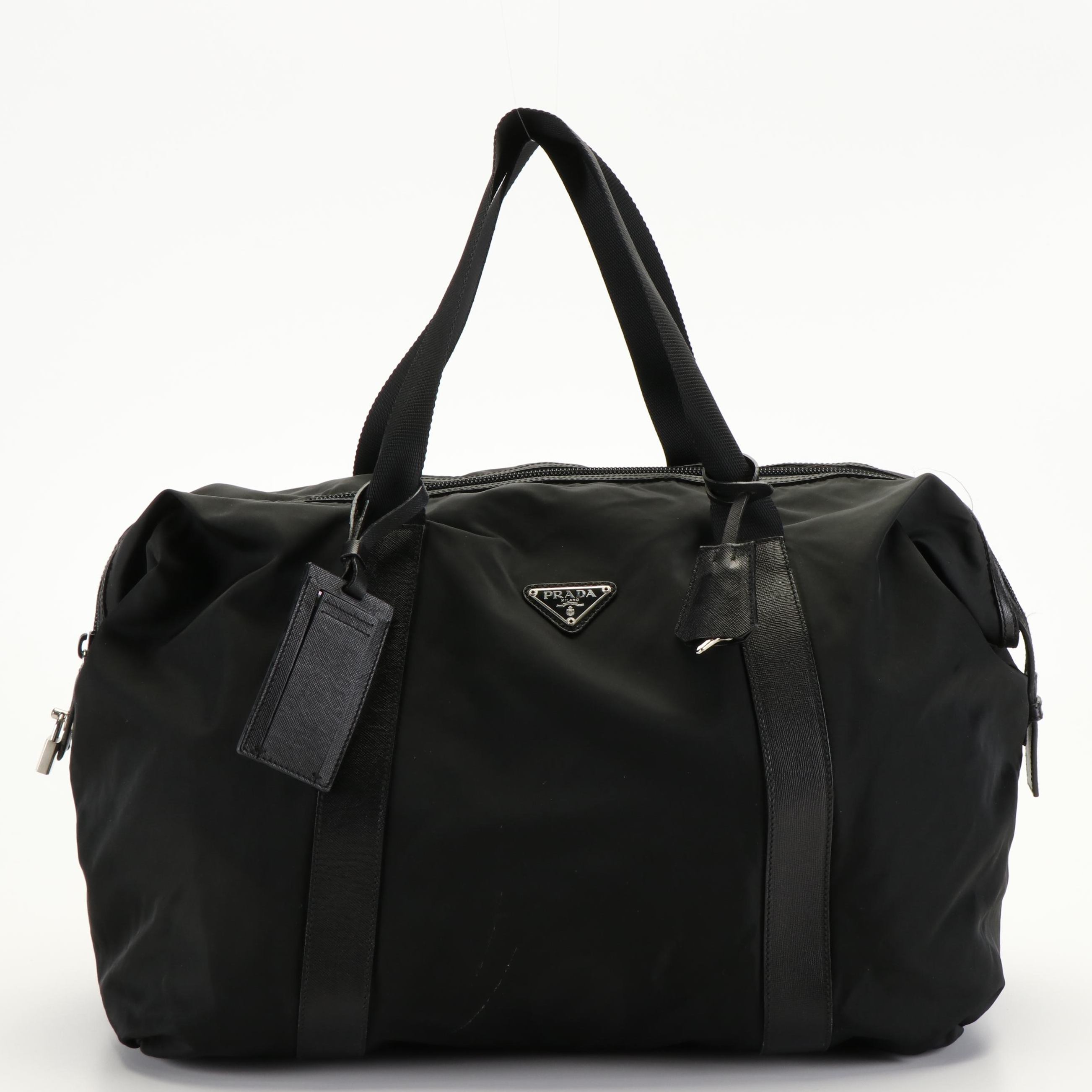 Prada Tessuto Black Nylon and Saffiano Leather Weekend Duffle Bag