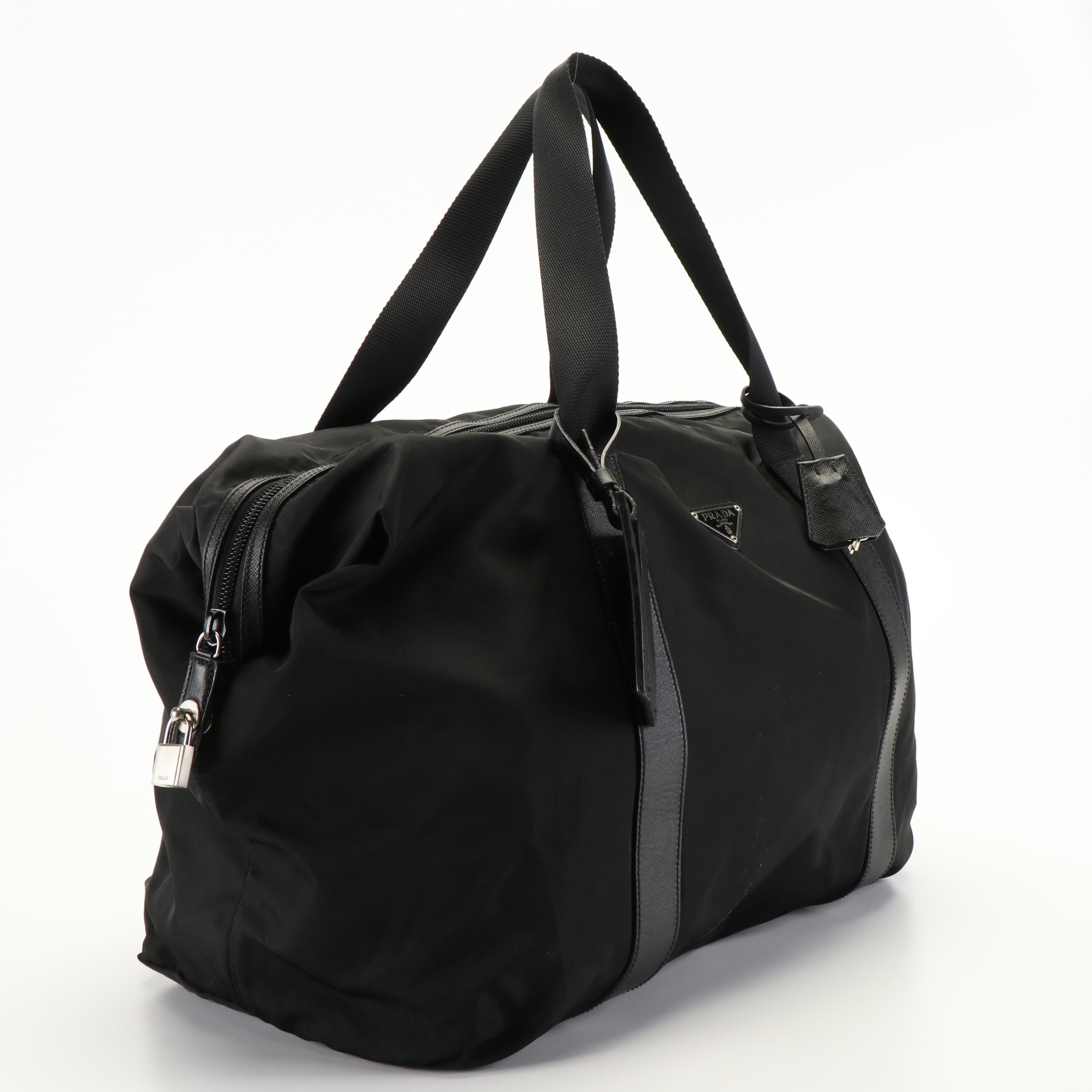 Prada Tessuto Black Nylon and Saffiano Leather Weekend Duffle Bag