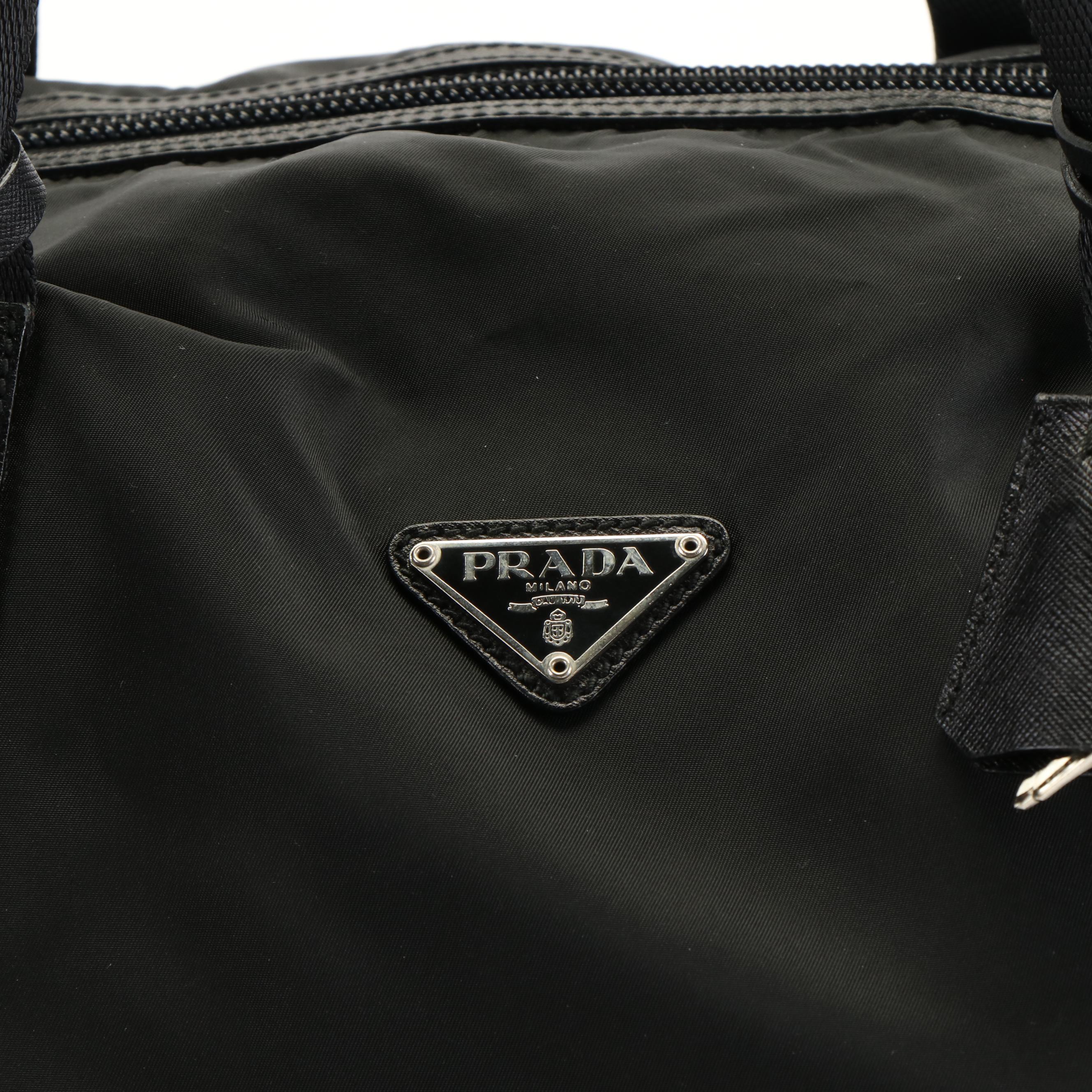 Prada Tessuto Black Nylon and Saffiano Leather Weekend Duffle Bag