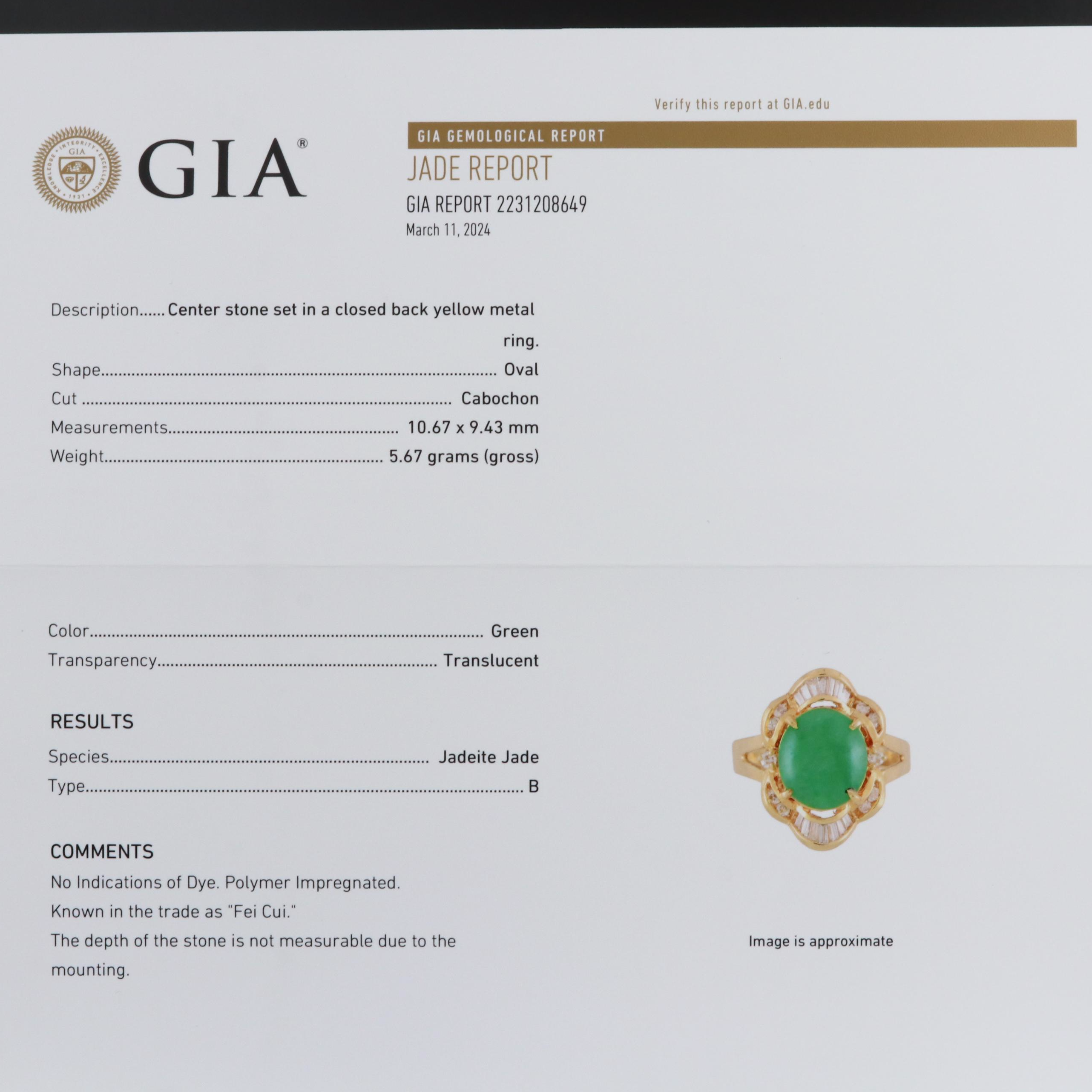 18K Fei Cui Jadeite and Diamond Ring with GIA Report