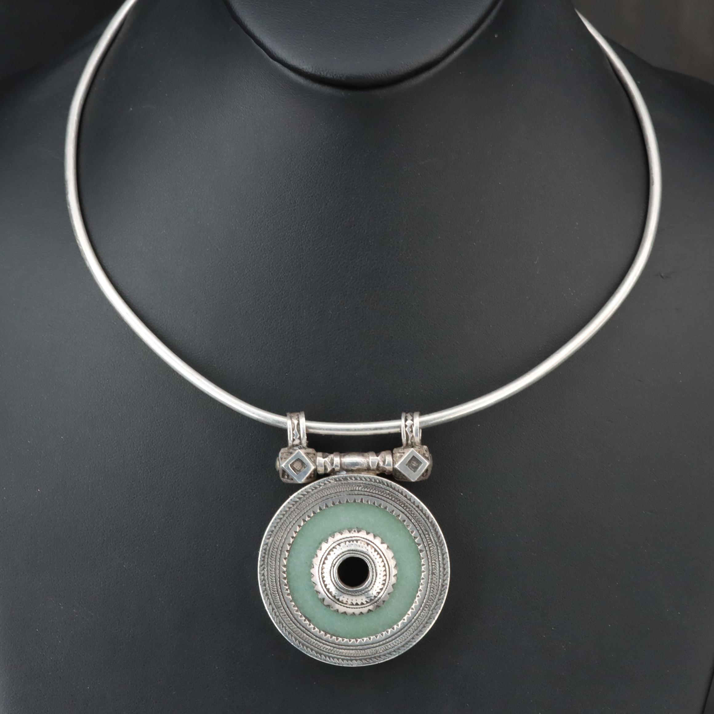 African Tuareg Fine Silver Torque Necklace with 900 Silver Quartzite Pendant