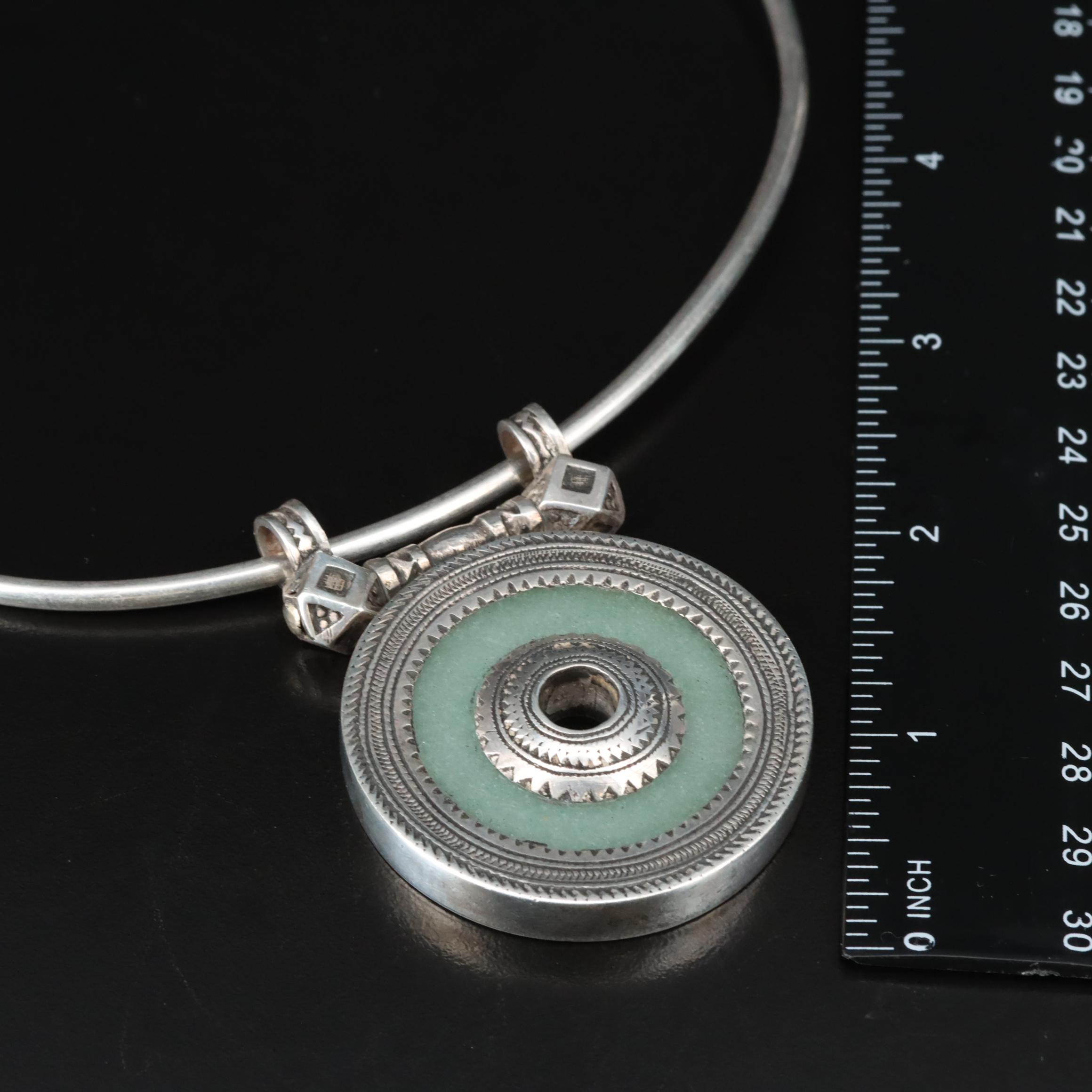 African Tuareg Fine Silver Torque Necklace with 900 Silver Quartzite Pendant