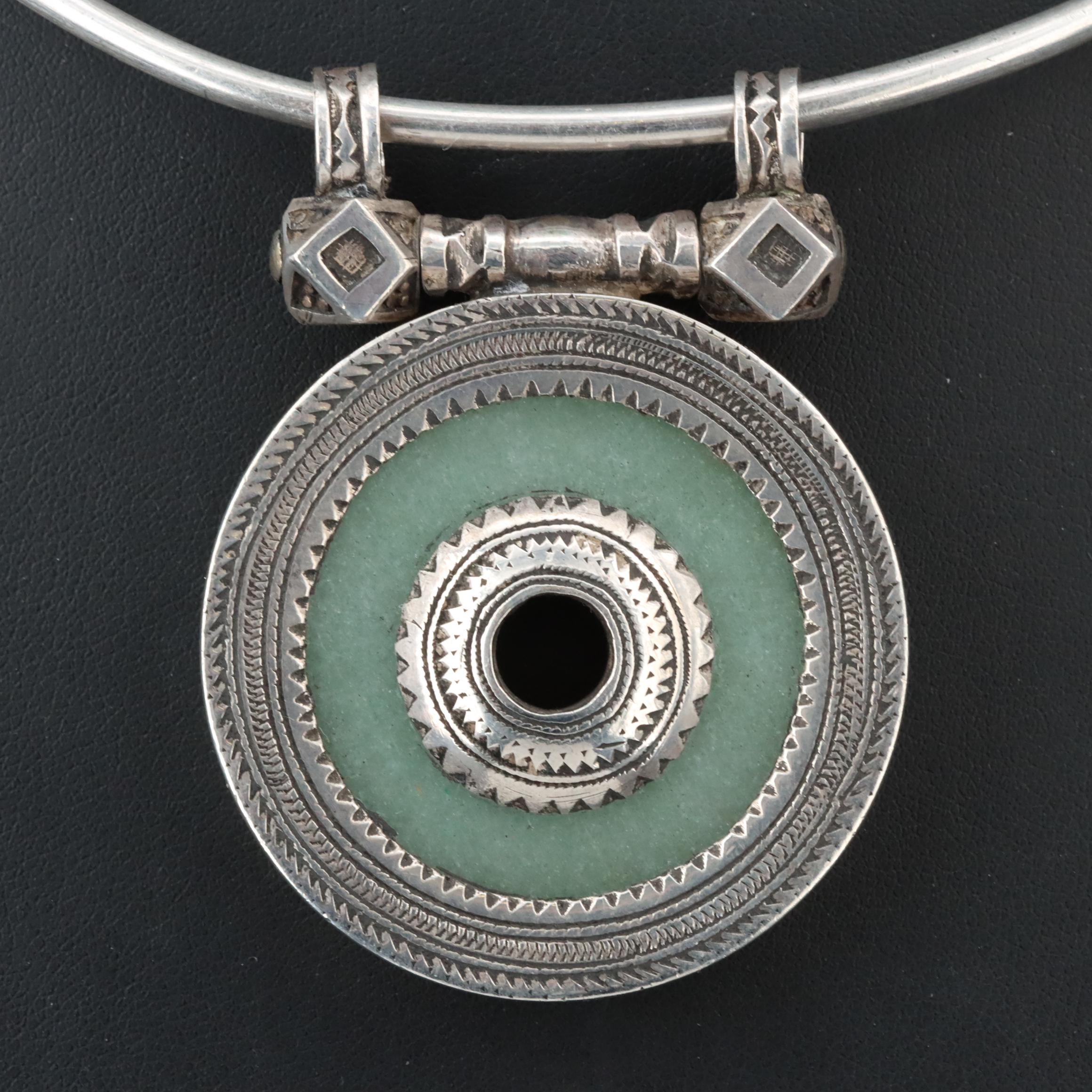 African Tuareg Fine Silver Torque Necklace with 900 Silver Quartzite Pendant