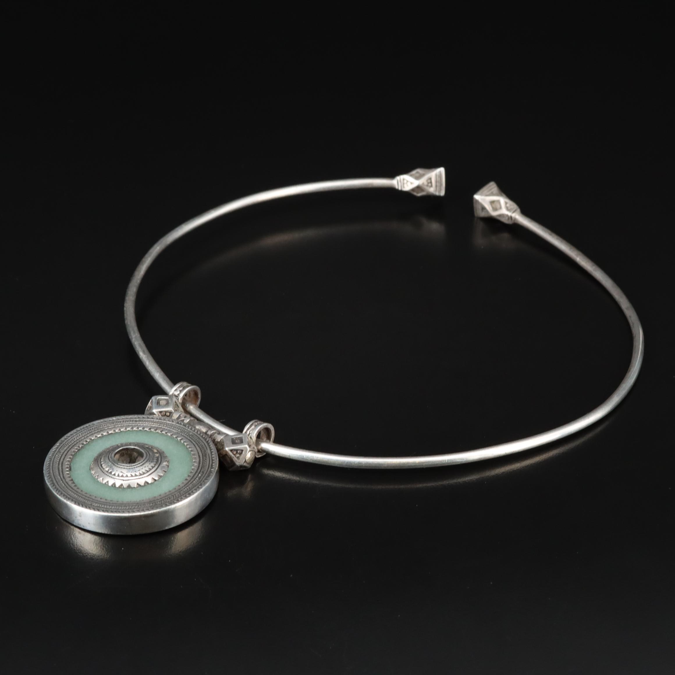 African Tuareg Fine Silver Torque Necklace with 900 Silver Quartzite Pendant