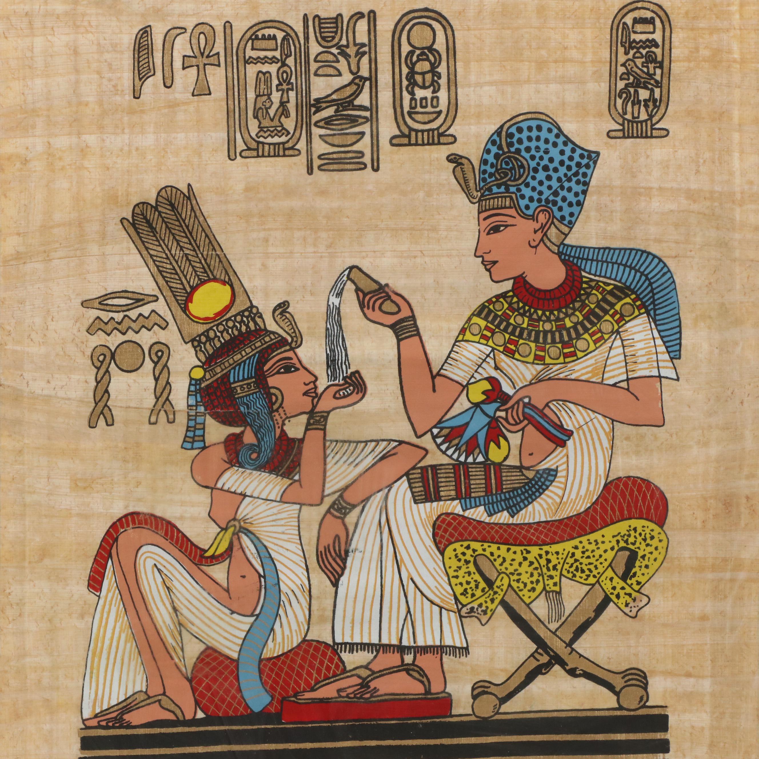 Egyptian Style Painted Papyrus with Figures and Hieroglyphs