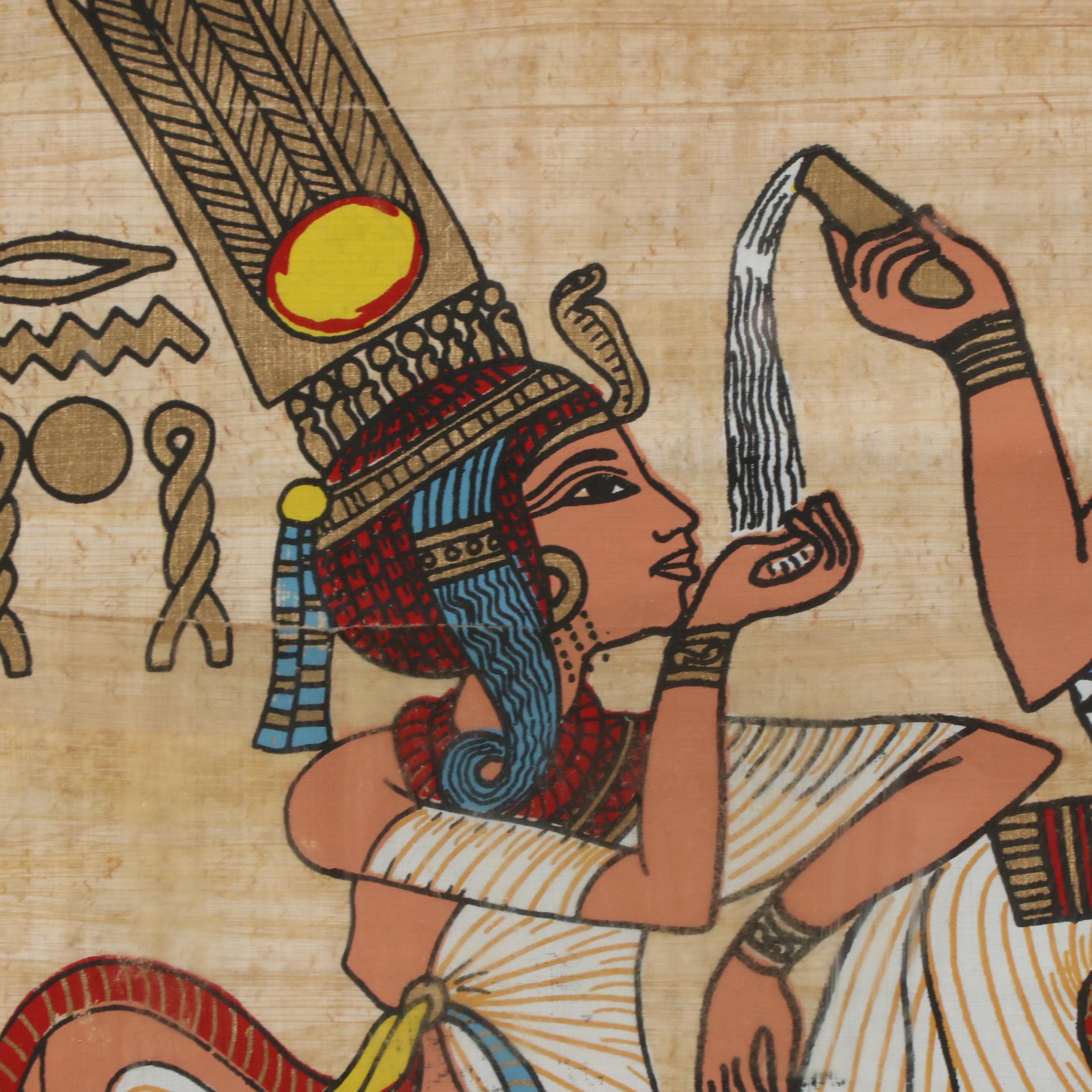 Egyptian Style Painted Papyrus with Figures and Hieroglyphs