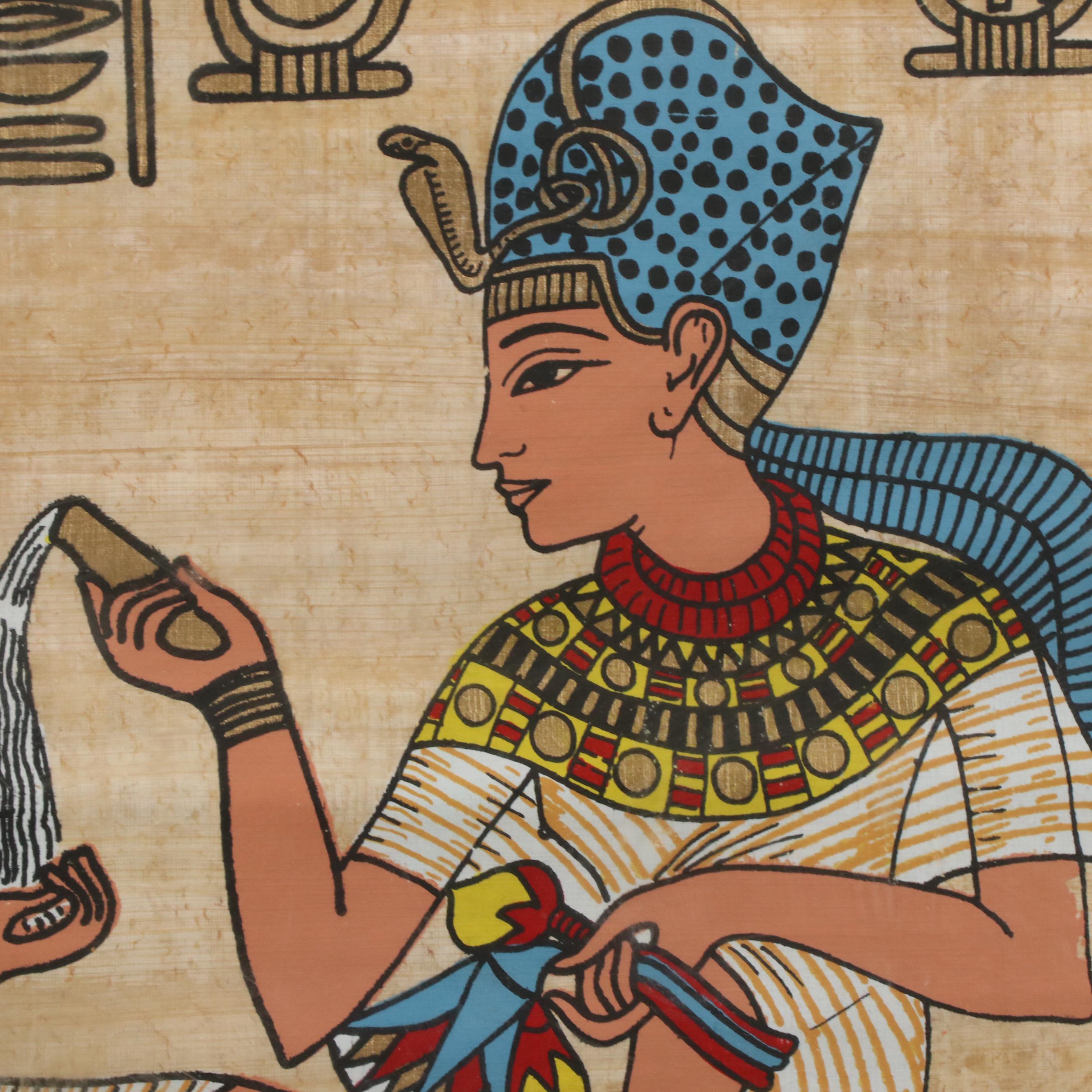 Egyptian Style Painted Papyrus with Figures and Hieroglyphs