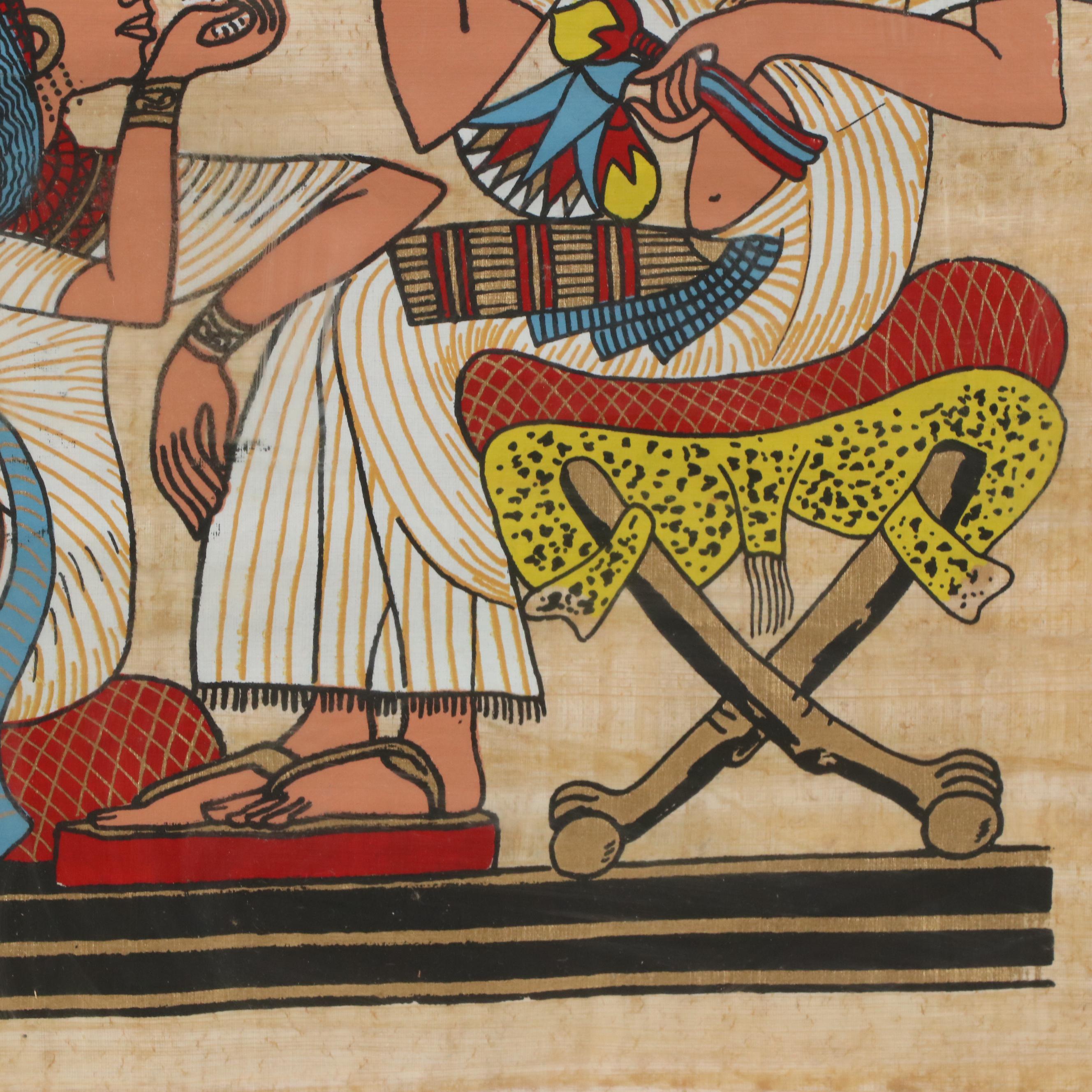 Egyptian Style Painted Papyrus with Figures and Hieroglyphs