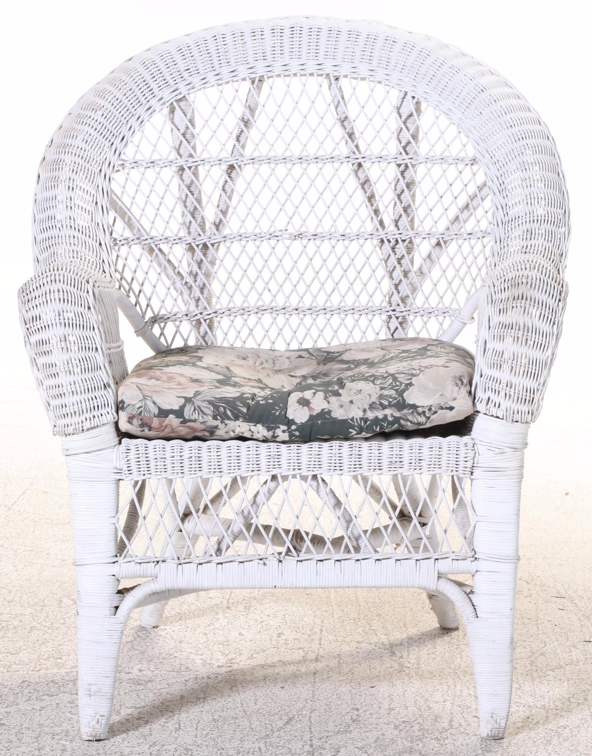 White Wicket Patio Chair with Floral Cushion and Wicker Storage Chest