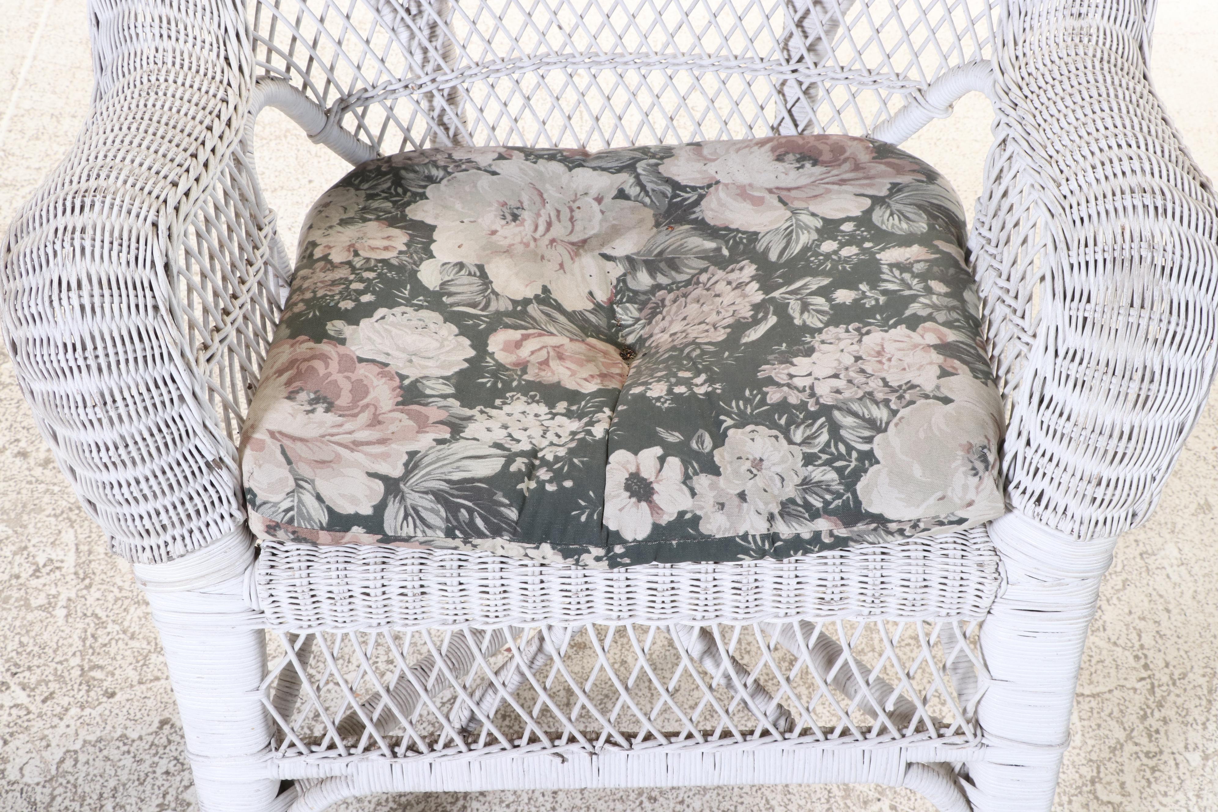 White Wicket Patio Chair with Floral Cushion and Wicker Storage Chest
