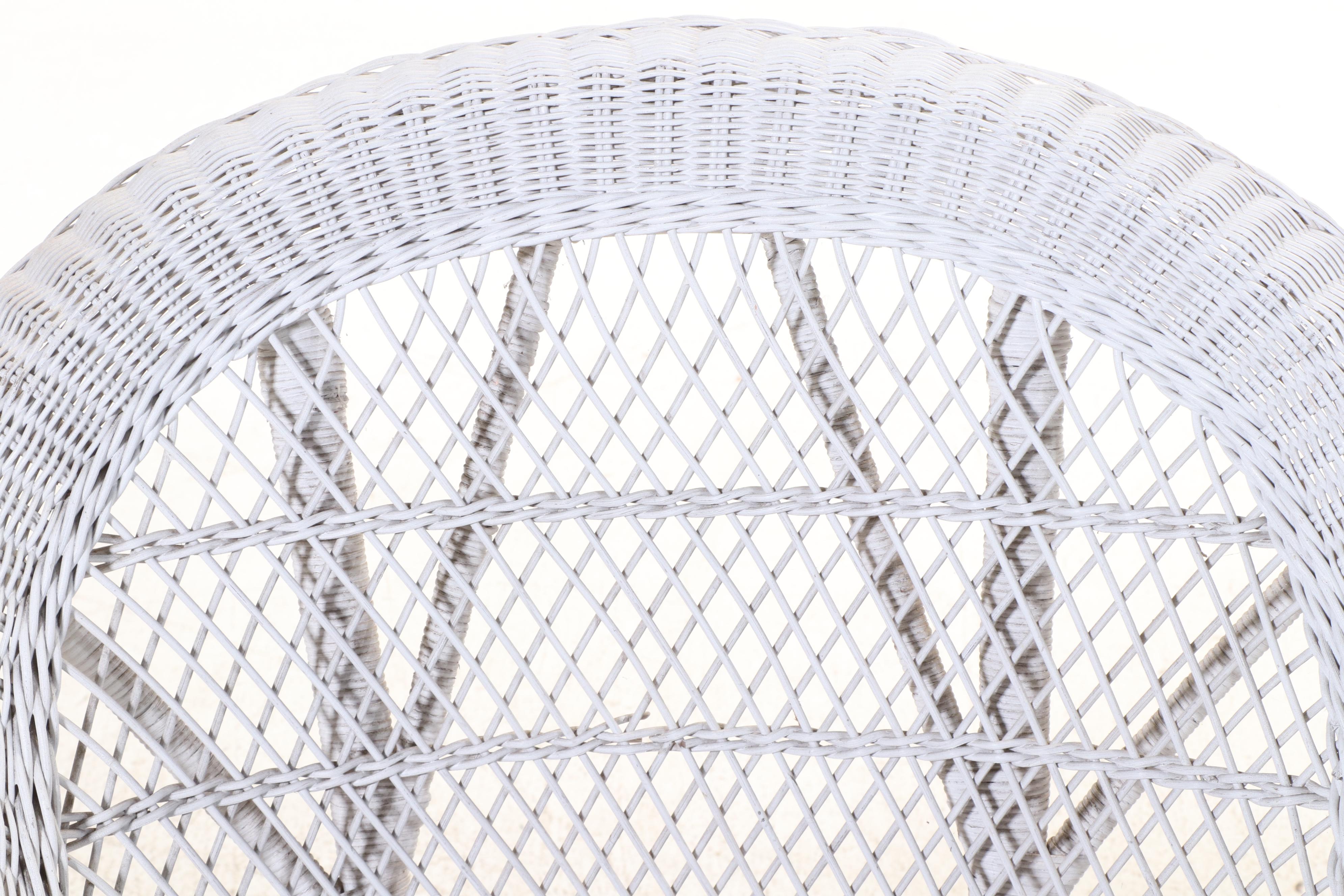 White Wicket Patio Chair with Floral Cushion and Wicker Storage Chest