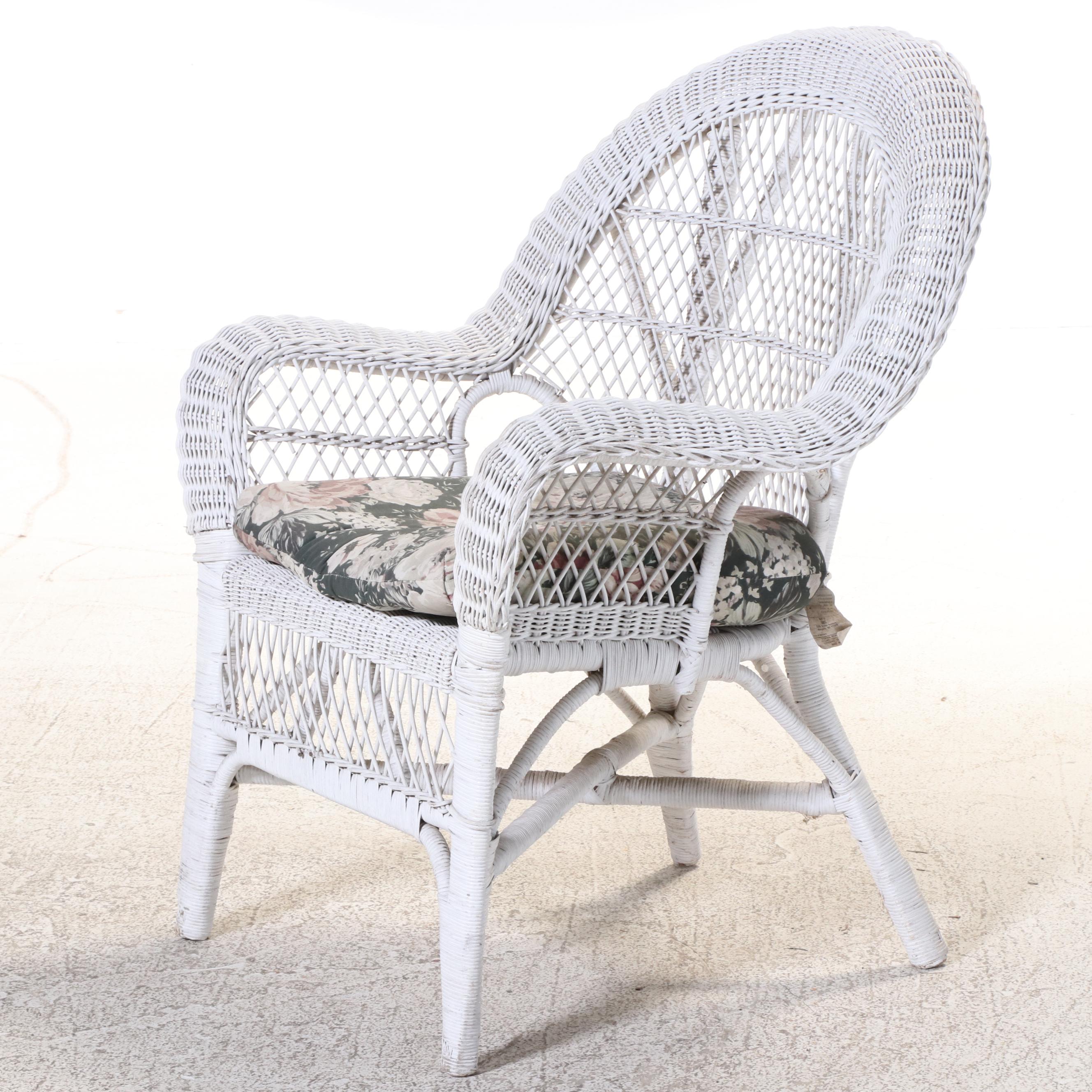 White Wicket Patio Chair with Floral Cushion and Wicker Storage Chest
