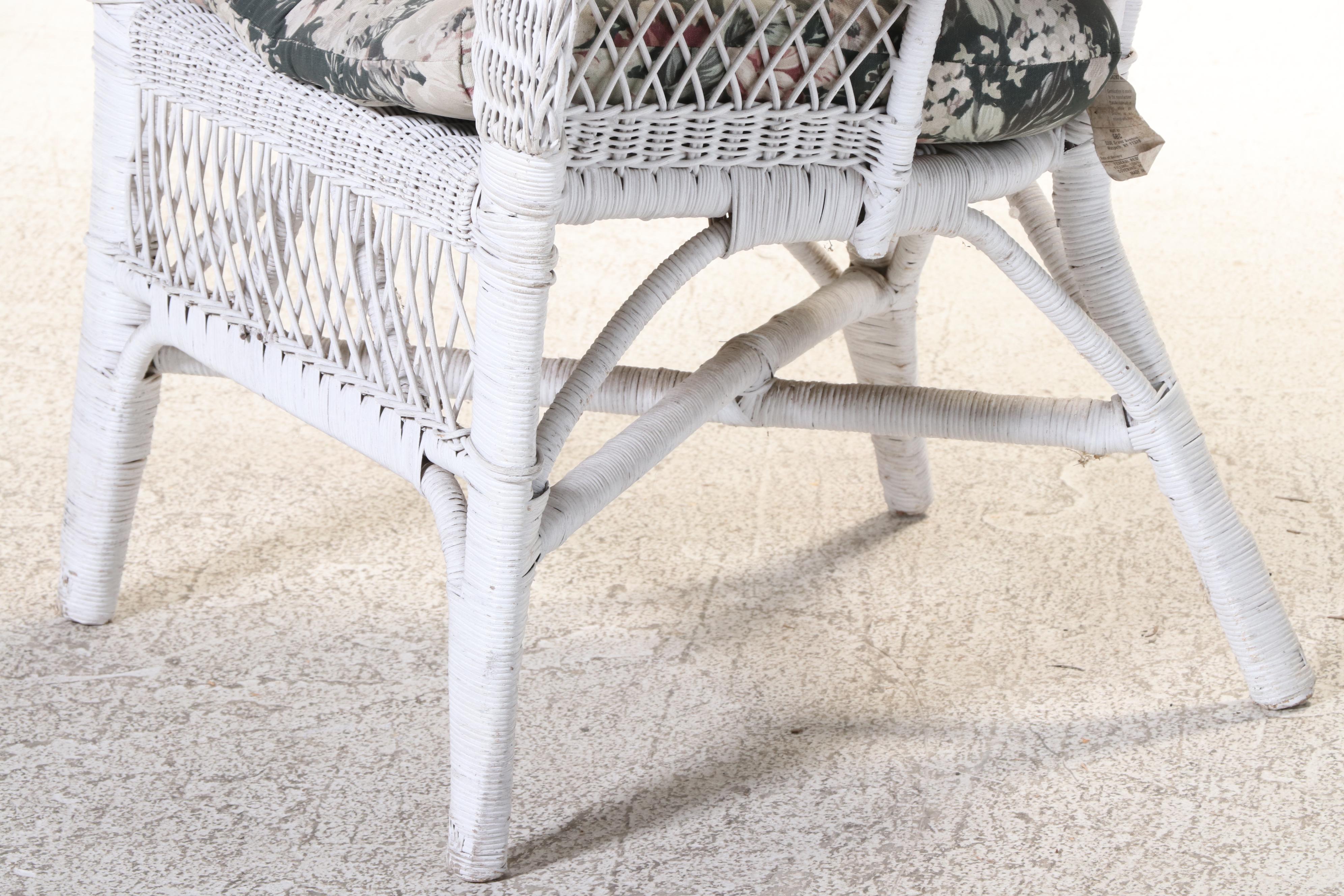 White Wicket Patio Chair with Floral Cushion and Wicker Storage Chest