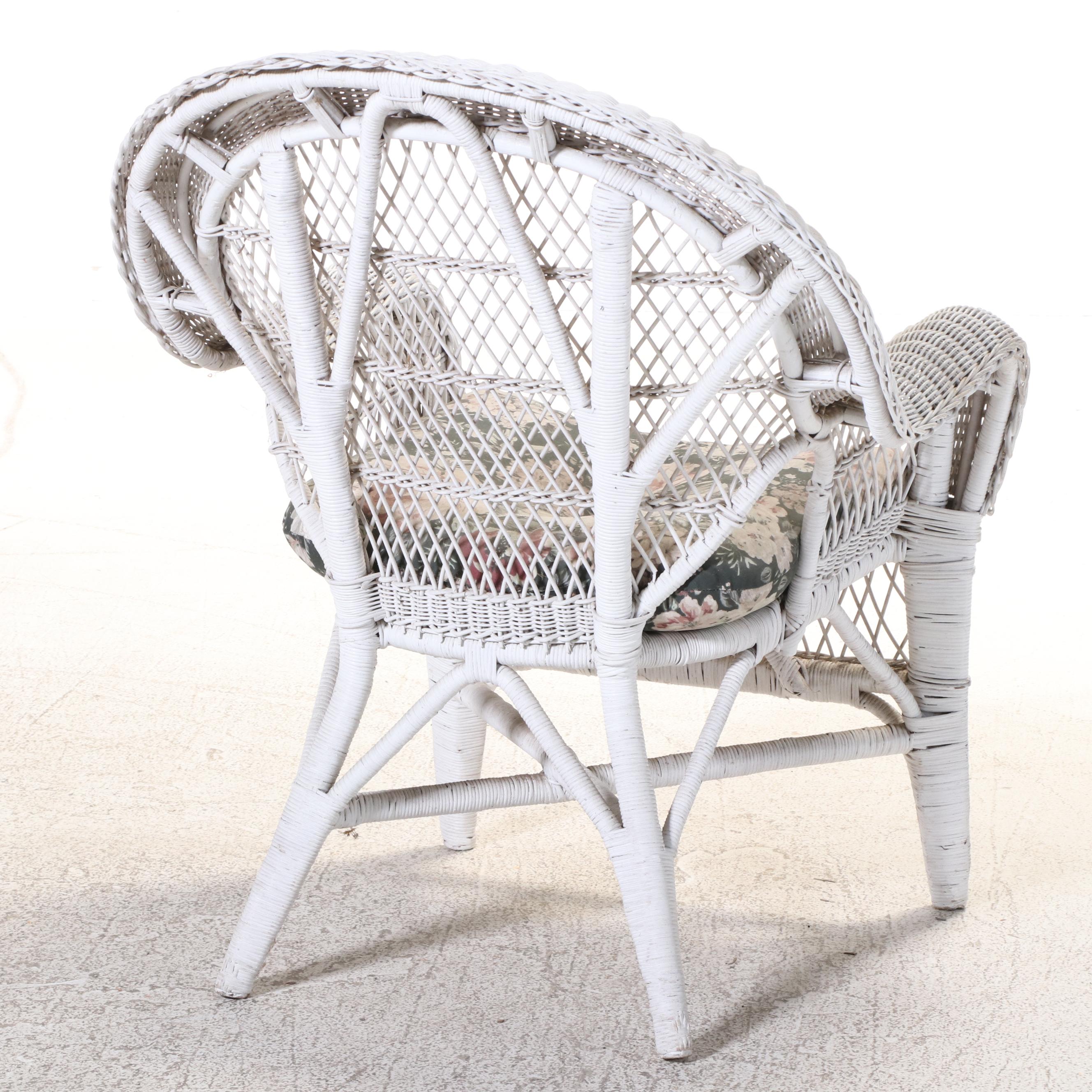 White Wicket Patio Chair with Floral Cushion and Wicker Storage Chest