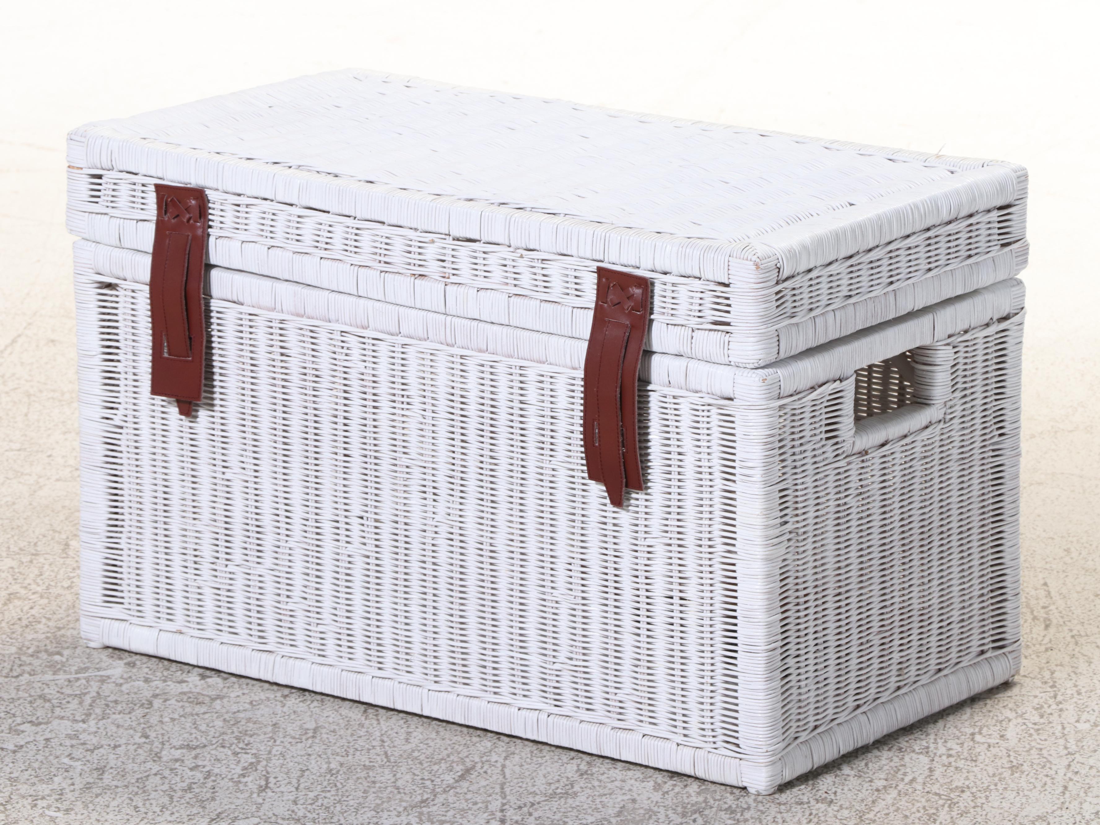 White Wicket Patio Chair with Floral Cushion and Wicker Storage Chest