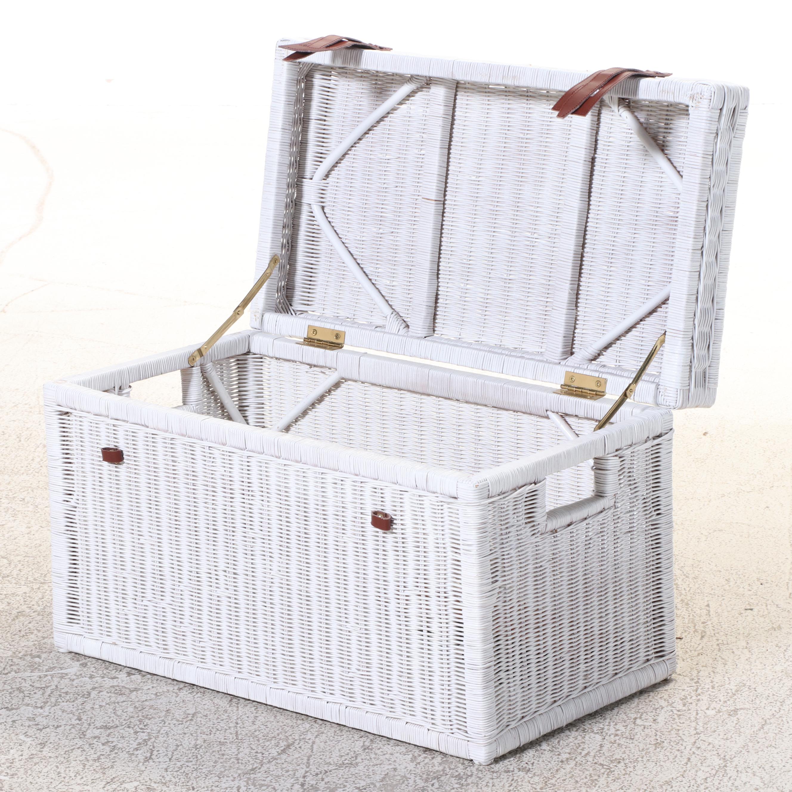 White Wicket Patio Chair with Floral Cushion and Wicker Storage Chest